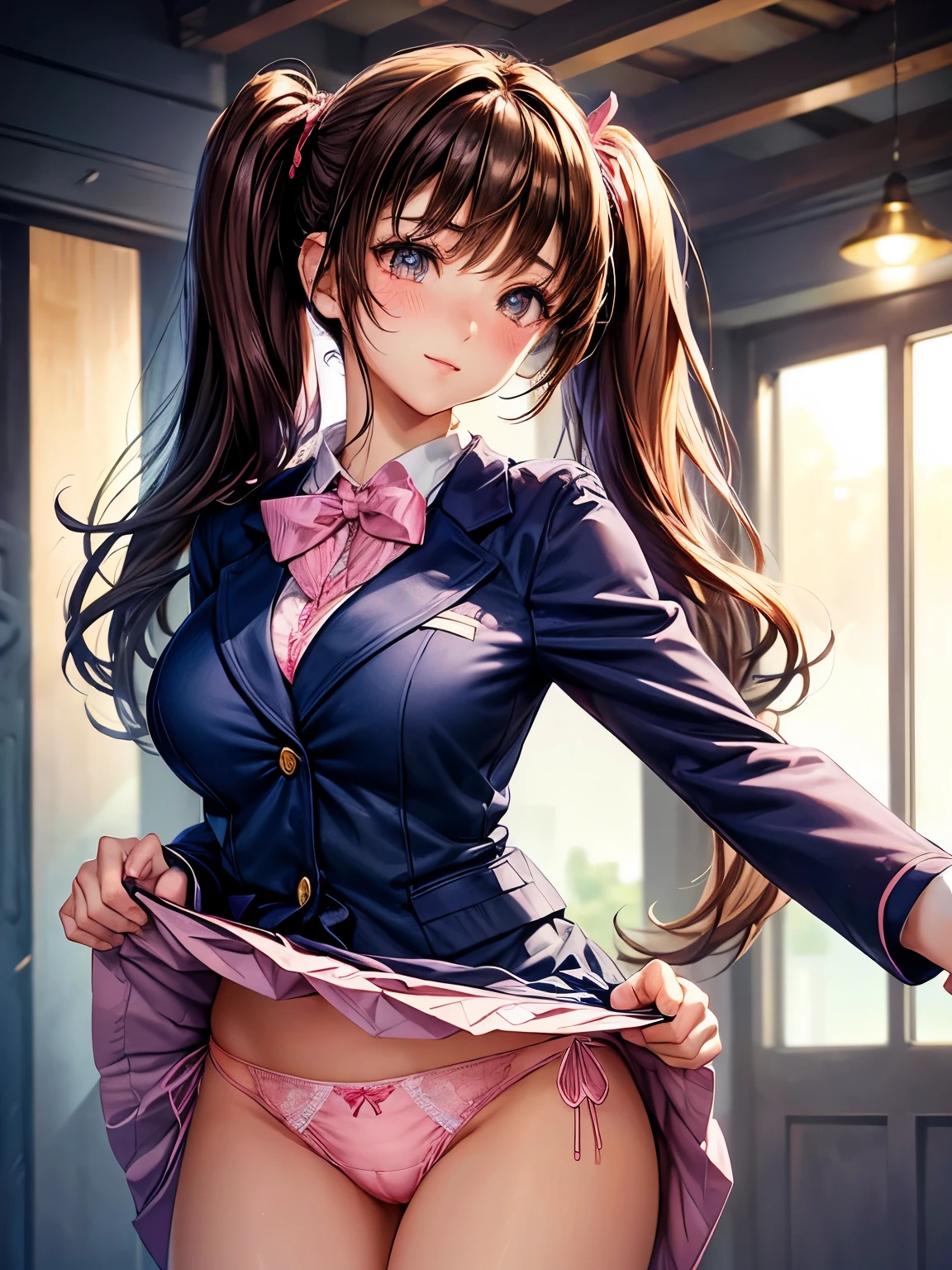 ((highest quality, High resolution, Perfect Pixel, 4K))), 1 female, Beautiful woman、I could see the whole body、apartment、 ((Twin tails, bangs, Brown Hair)), ((Brown eyes, Beautiful eyelashes, Realistic eyes)), ((Detailed face, blush:1.2))、((Smooth texture:0.75, Realistic texture:0.65, Realistic:1.1, Anime CG Style)), Beautiful Anime Women, Beautiful art style, Anime characters,Beautiful and big breasts, Perfect body, Slender body, Beautiful thighs, ((Navy Blue Blazer:1.2), White shirt, Checked Skirt, Red ribbon at neck), Embarrassed smile、close your knees、(Skirt flip:1.2), ((Stylish pink satin side-tie panties with lavish embellishments:1.3), (Pink base with white lace panties)), Diagonal side angle, Dynamic Angle, Sexy pose、Perfect Anatomy, Exact number of arms, Exact number of hands