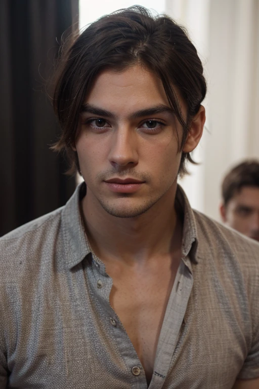beau blond, Square-chinned, expression homme, yeux noir, riche vêtements classe, puissant, charismatique, regard profond, presentable, Very short hair, barbe