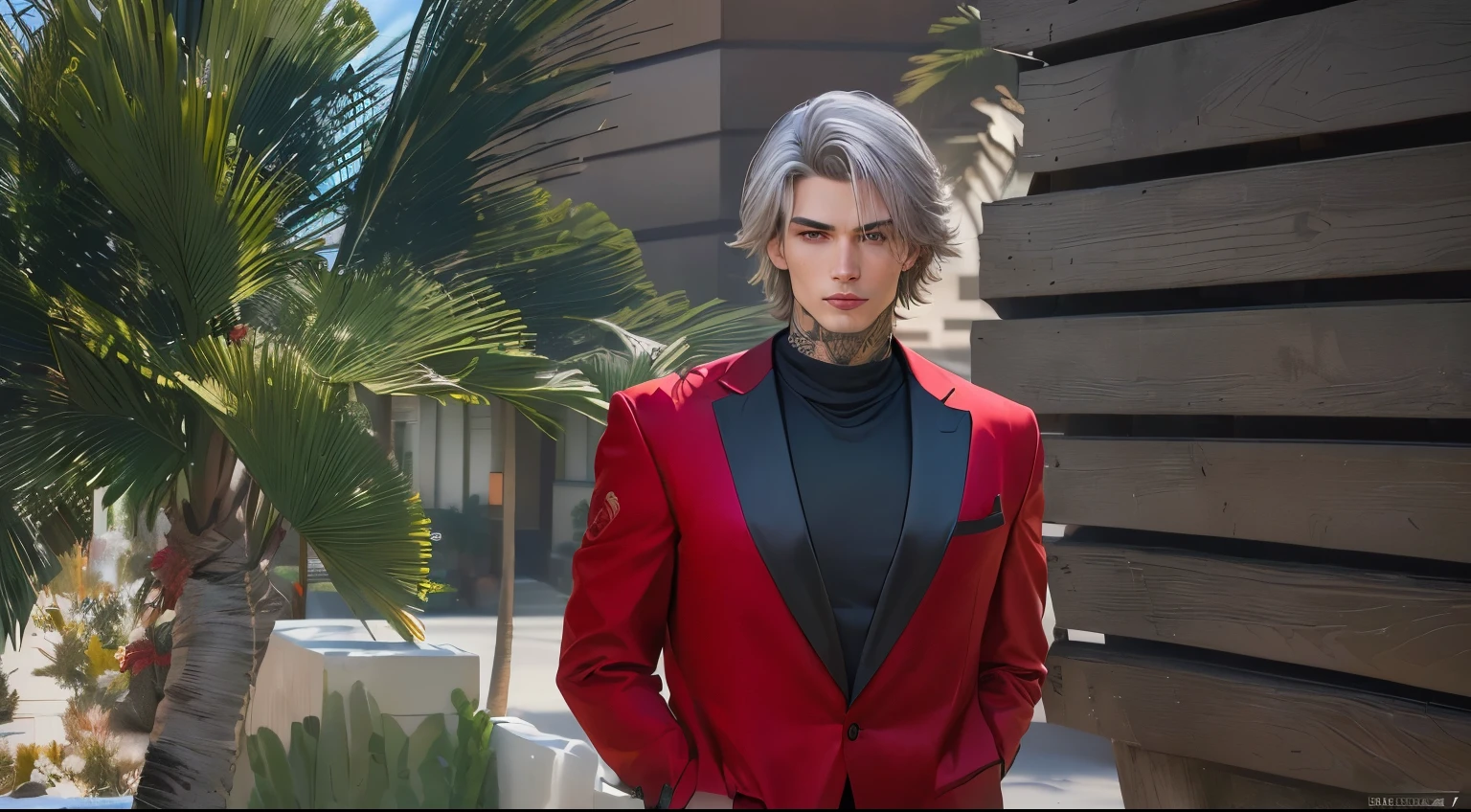 there is a man in a red suit and turtleneck and palm tree, face according to photo, XQC, very detailed character, male character, he has dark gray hair according to the picture, tattoo on the neck according to the photo, bears a samurai behind the body, stylish pose, suit, inspired by photos and more realistic,