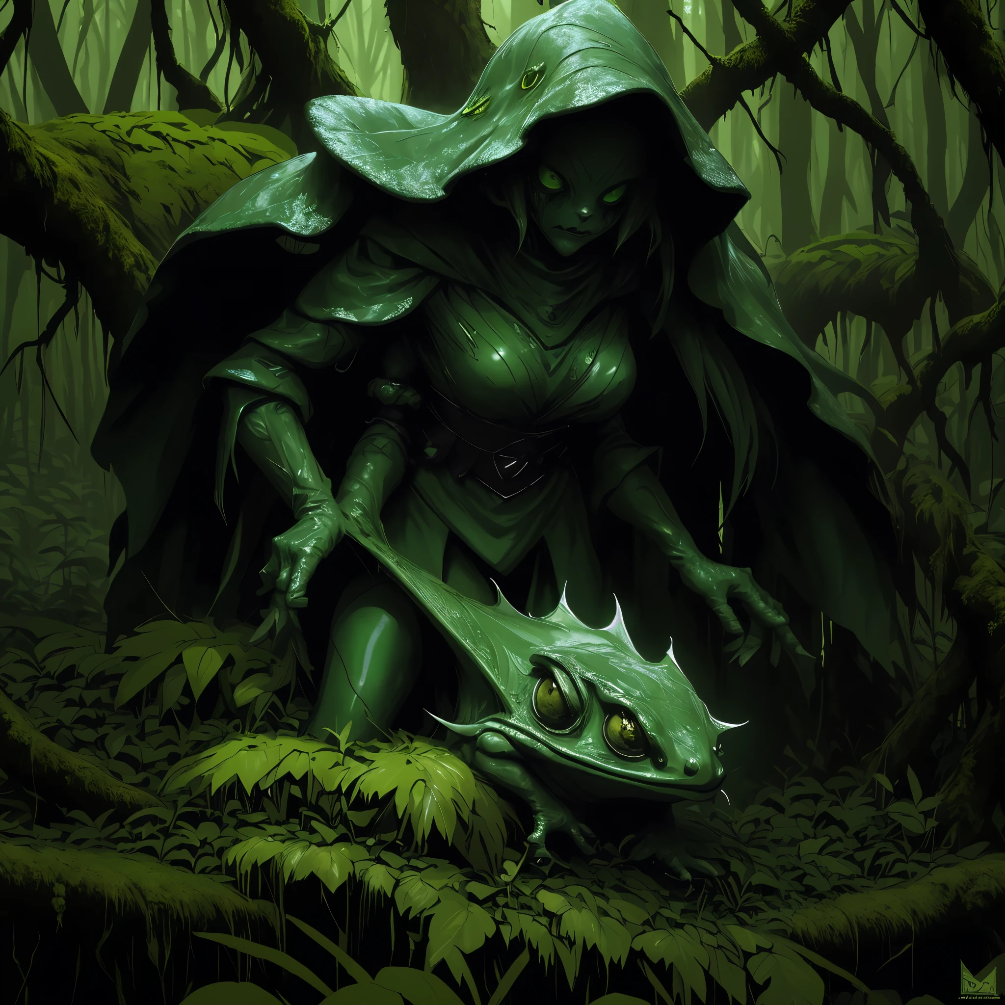 (best quality,highres:1.2),(realistic:1.37),ultra-detailed,a creepy toad,enormous in size,brightly colored,stalks through an ancient forest,tentacle tongue,thick and slimy skin,dark,ominous atmosphere,gloomy shadows,misty fog,gnarled trees,twisted branches,moss-covered rocks,dappled sunlight,unearthly glow,spooky ambiance,dense undergrowth,crunching leaves underfoot,haunting presence,unsettling silence,distant whispers,Cthulhu-like creature,mythical world,mysterious aura, Sentai Ranger, HDR, 8k, absurdres, cinestill 800, sharp focus, add_detail:3 (solo woman) anime, wideshot, widescreen, focus on subject
