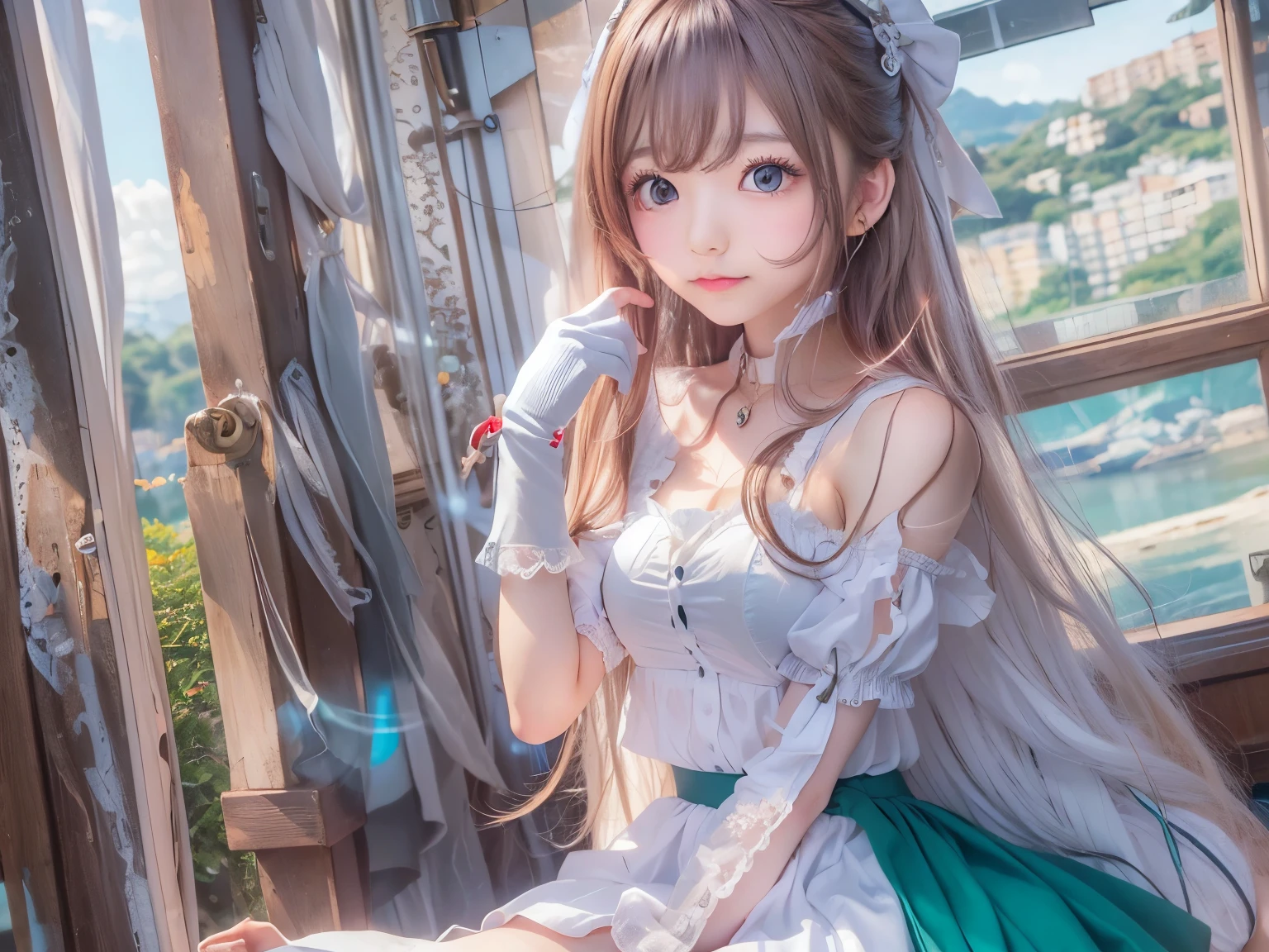 detailed face, cute face,brown eye, ((highest quality)), ((masterpiece)), ((1 girl)), alone, ferry, ((long hair)), ferryBase, ((Thighhighs)), bare shoulders, ((jewelry)), ((No sleeve)), white dress, blue skirt, ((gloves)), thigh height,