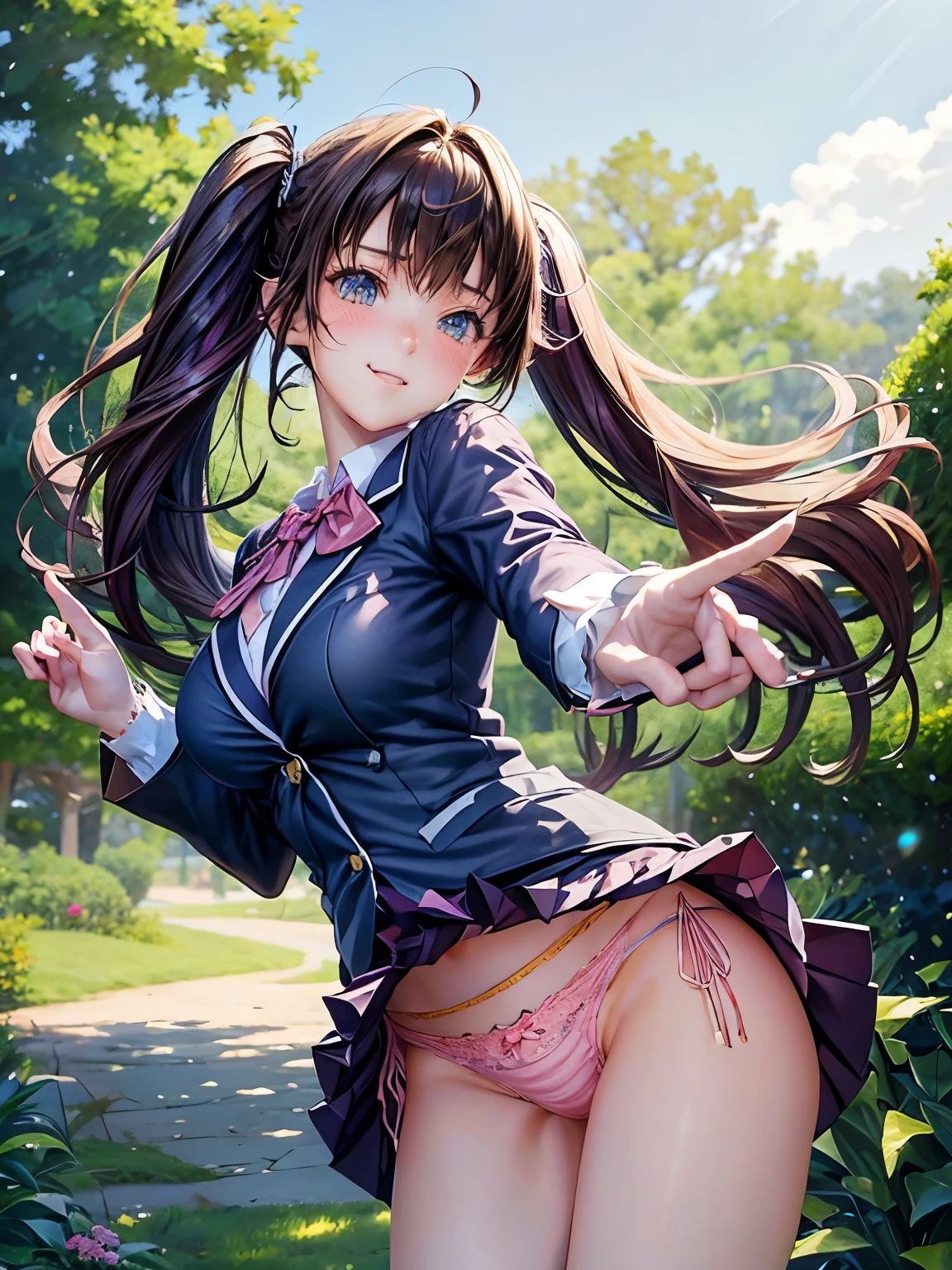 ((highest quality, High resolution, Perfect Pixel, 4K))), 1 female, Beautiful woman、I could see the whole body、( Boys Tray:1.3)、 ((Twin tails, bangs, Brown Hair)), ((Brown eyes, Beautiful eyelashes, Realistic eyes)), ((Detailed face, blush:1.2))、((Smooth texture:0.75, Realistic texture:0.65, Realistic:1.1, Anime CG Style)), Beautiful Anime Women, Beautiful art style, Anime characters,Beautiful and big breasts, Perfect body, Slender body, Beautiful thighs, ((Navy Blue Blazer:1.2), White shirt, Checked Skirt, Red ribbon at neck), Embarrassed smile、Kneel with your knees closed、(Skirt flip:1.2), ((Stylish pink satin side-tie panties with lavish embellishments:1.3), (Pink base with white lace panties)), Diagonal side angle, Dynamic Angle, Sexy pose、Perfect Anatomy, Exact number of arms, Exact number of hands