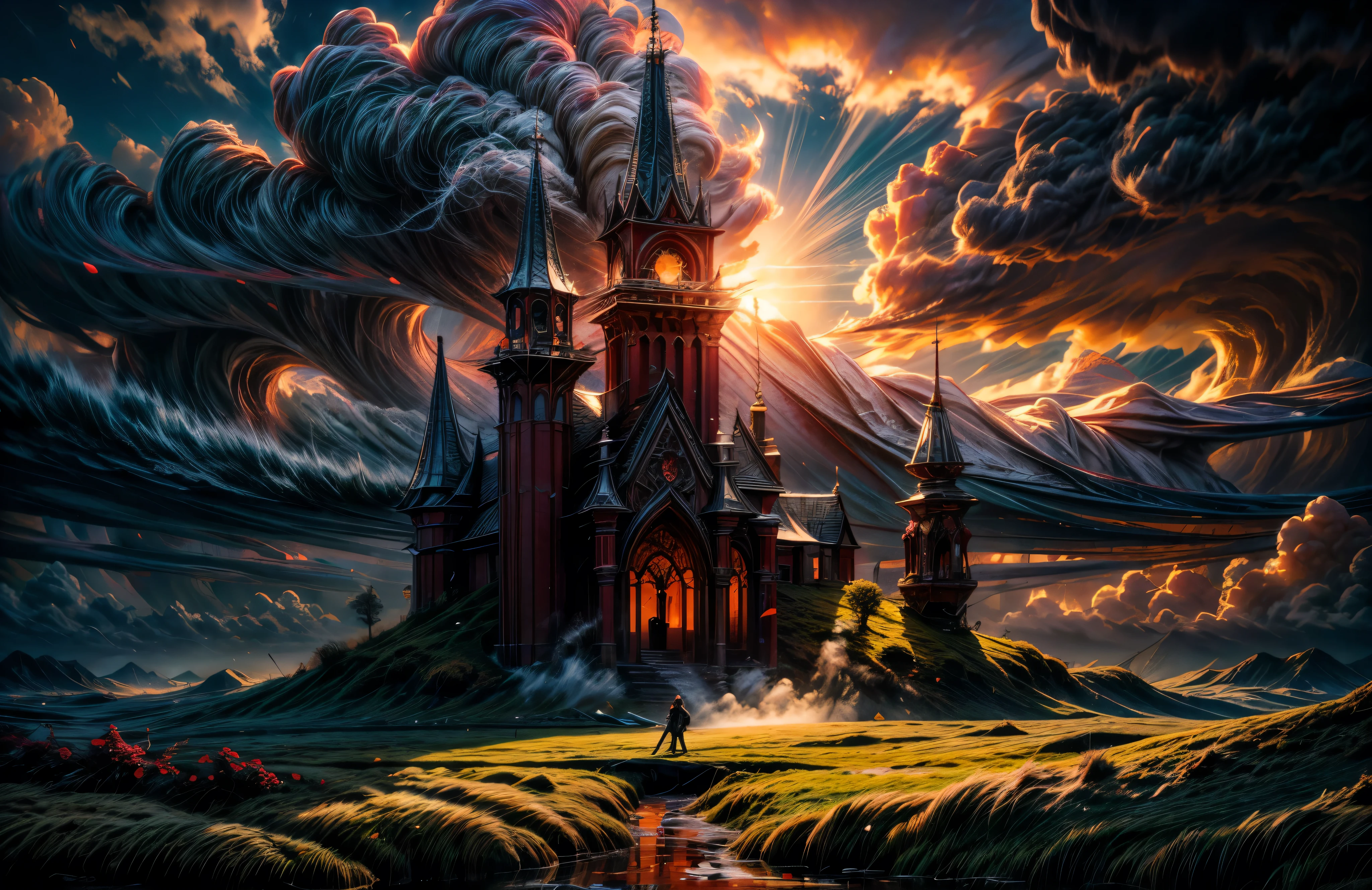 huge grass field, grass covered ib blood, dark fantasy aestetics, after storm aestetics, elden ring vibes, beautiful blood-red skies, blood drops on the grass, streams of blood on the ground, white steam near the ground, catastrophe aestetics, scene after defeat, from side, wide shot, best quality, highres, 4K, award winning, high details, masterpiece