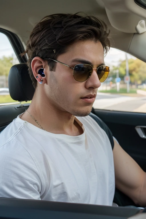 (highest quality, High resolution、distinct、4K), A young American man with short hair driving at high speed on the road,Wear sunglasses、I have ear pieces attached,There's a robber in the passenger seat and in the back seat.