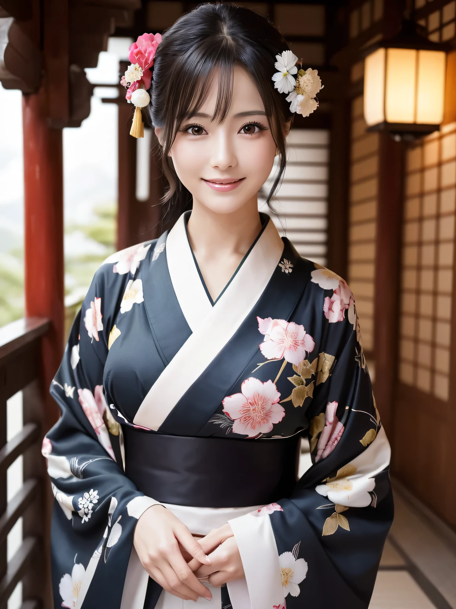 (Super beautiful woman in kimono)、((highest quality、8K masterpiece:1.3))、sharp focus:1.2、(super beautiful face:1.0)、(shiny skin:1.0)、realistic pictures、black hair、video lighting、High resolution eyes and face、video lighting、japanese actress、from the front、with a happy smile、whole body、wearing a kimono、in Kyoto、luxury obi、In Kyoto