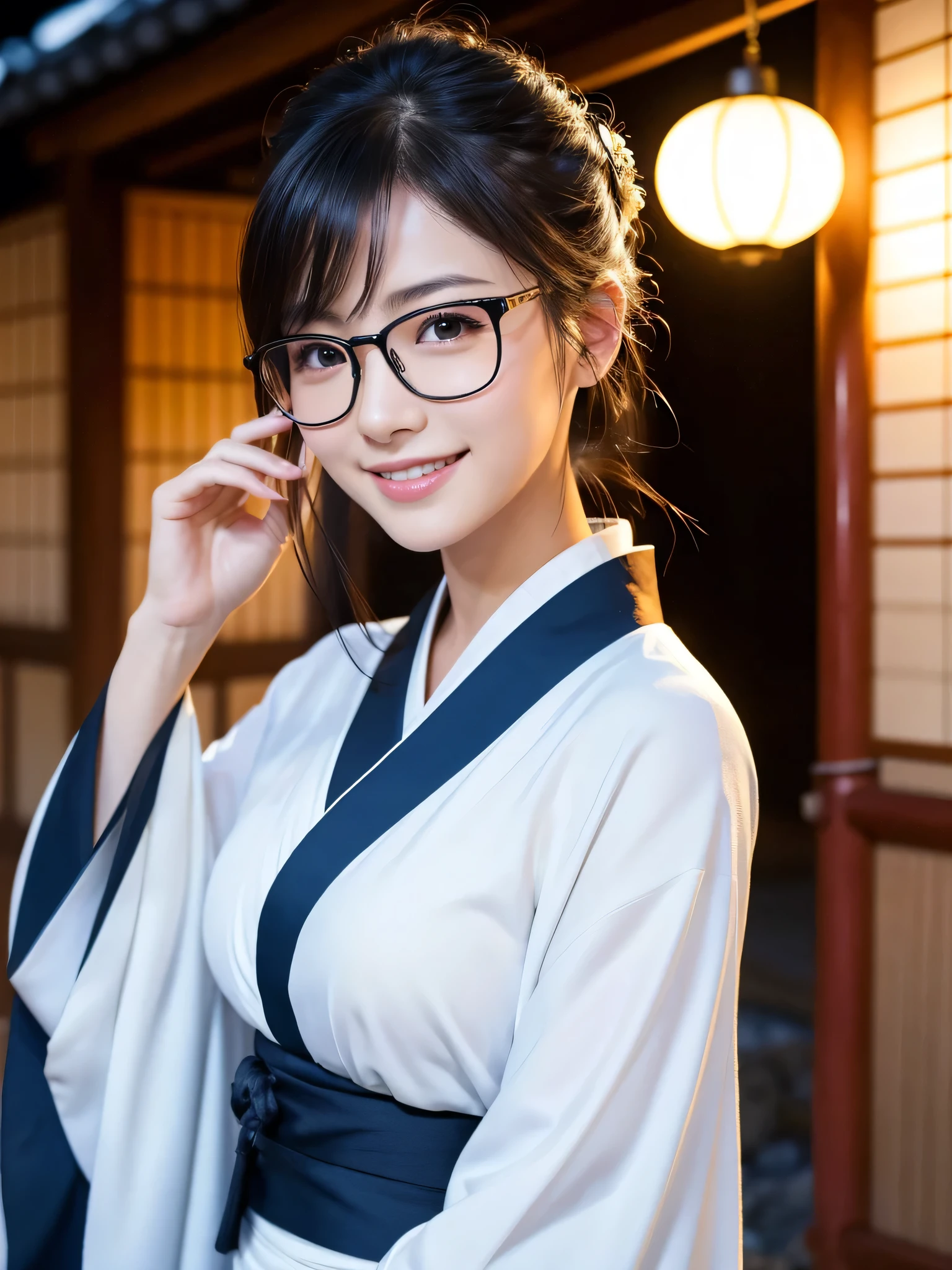 (Super beautiful woman in kimono)、((highest quality、8K masterpiece:1.3))、sharp focus:1.2、(super beautiful face:1.0)、(shiny skin:1.0)、realistic pictures、black hair、video lighting、High resolution eyes and face、video lighting、japanese actress、from the front、big breasts、with a happy smile、Slender abs beauty、whole body、wearing a kimono、in Kyoto、luxury obi、In Kyoto at night、wearing glasses with no edge