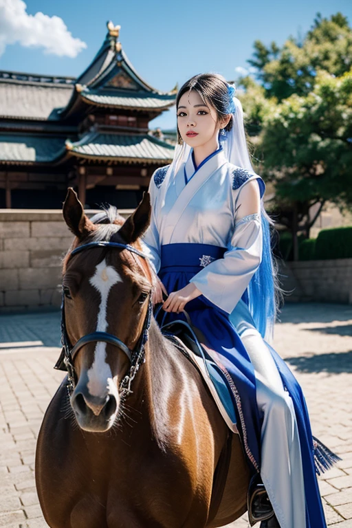 Beautiful Wuxia Princess in the castle yard is Riding a horse, heavy makeup, gothic eye mascara, Nagoya castle japan as background, close up, photorealistic, hyperrealism, professional photography, DSLR, HDR, holographic popping from 2D to 3D, Retro Futurism theme , chrome silver, atomic tangerine, sky blue
