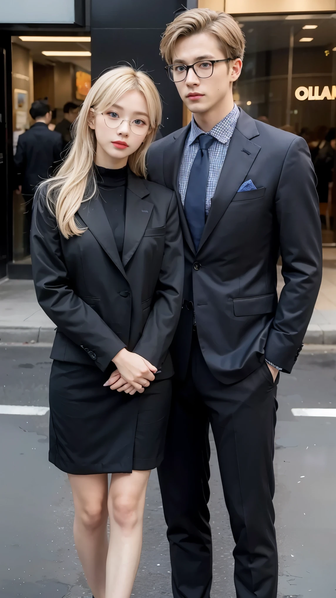 With anime style illustrations、A young man and woman couple appears。The man has blue eyes、Wearing a black suit jacket。The woman is blonde and wears glasses.、She&#39;s wearing soft pink clothes。The two of them pose intimately、The background has vibrant blue and pink tones that evoke a romantic atmosphere.。A woman grabs a man&#39;s jacket、It emphasizes the intimacy between the two。They&#39;re both in the same position、sit side by side。