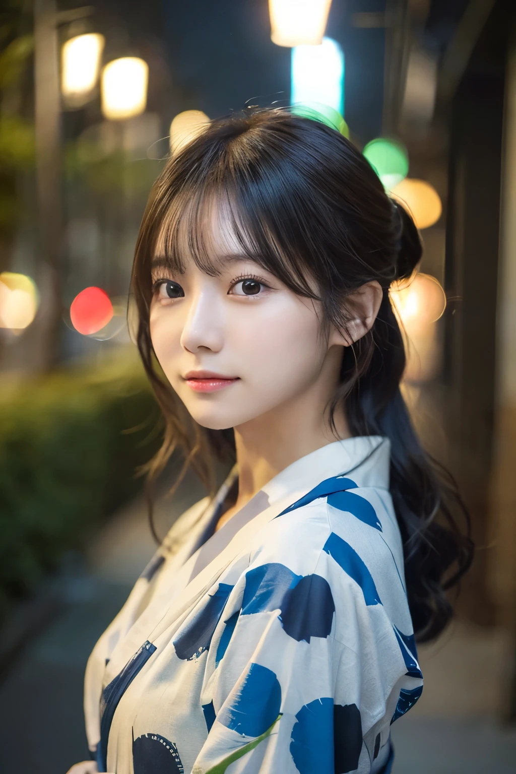 yukata、(highest quality,masterpiece:1.3,超A high resolution,),(Very detailed,Caustics),(Realistic:1.4,RAW shooting,)Ultra-Realistic Capture,Very detailed,High resolution 16K suitable for human skin、 Natural skin texture、、Skin tone is even and healthy looking、 Use natural light and color,One Woman,Japanese,,cute,Middle Hair,(Written boundary depth、chromatic aberration、、Wide range of lighting、Natural Shading、)、(Outdoor lighting at night:1.4)、(Hair swaying in the wind:1)、(Exposure:3.0)、