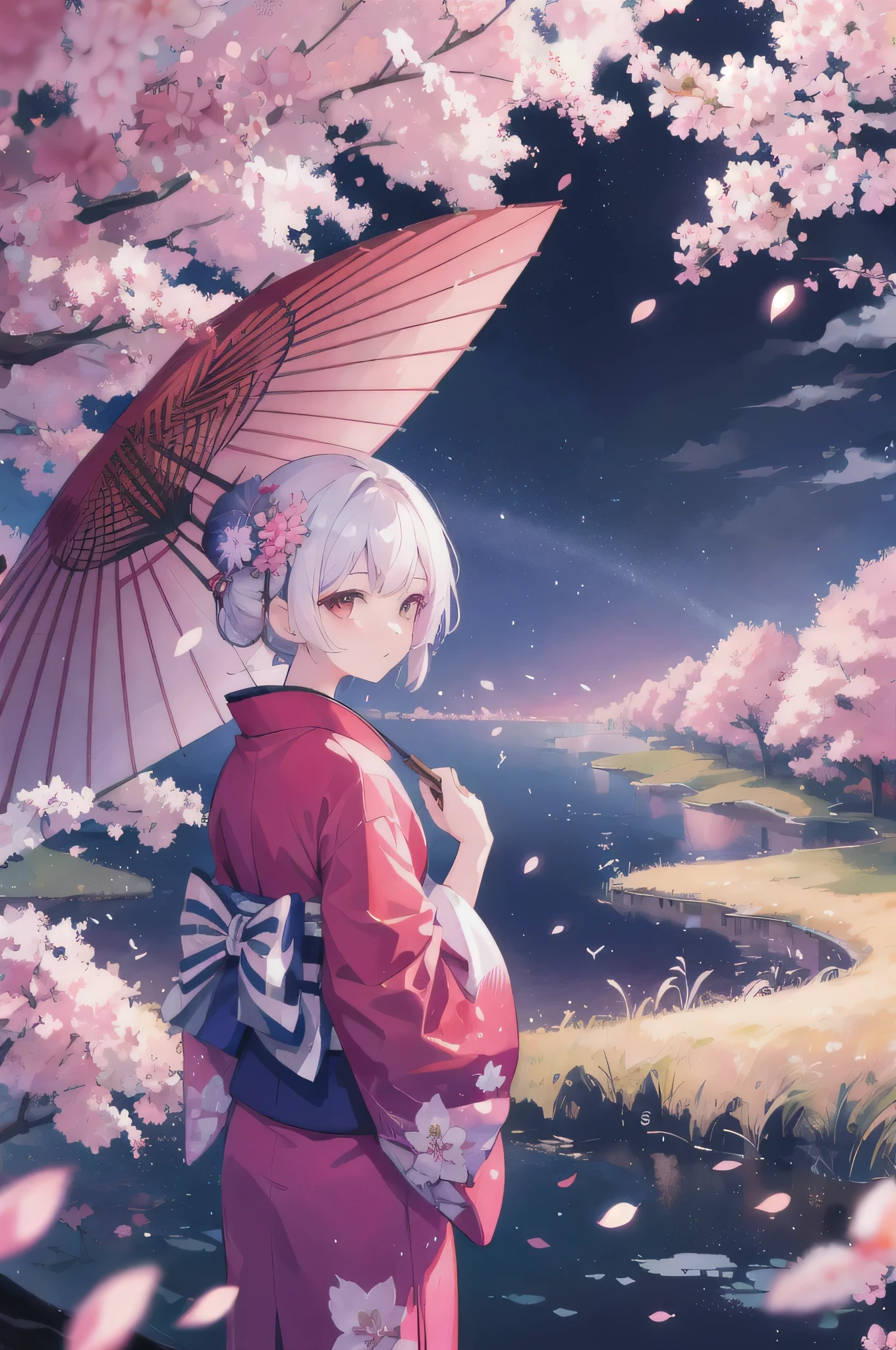 1girl,night city,rain, distant girl wearing a kimono, low angle, from behind, aroura borealis, shooting, yukata, red kimono, cherry blossoms, standing in a field,best quality, masterpiece,  cloud,colorful