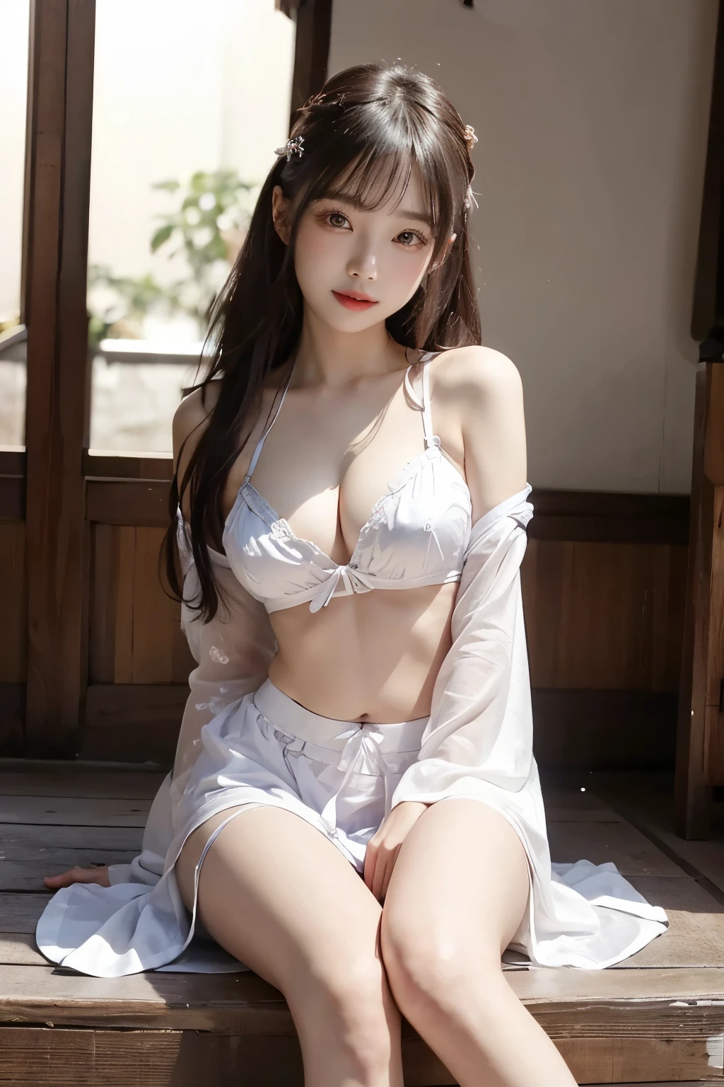 ((high-level image quality))、(Like a shot with an SLR)、((beautiful a girl)), ((glamour sensual body))、 ((Beautiful legs)), ((2-pieces lingerie style hanbok)), ((light is in front of the girl)) ,((bright shiny face without shadows)), take a slit in the clothes on the thigh、fantastic outdoor background, sitting, (navel exposed), little smile, no sleeves, bikini, slender
