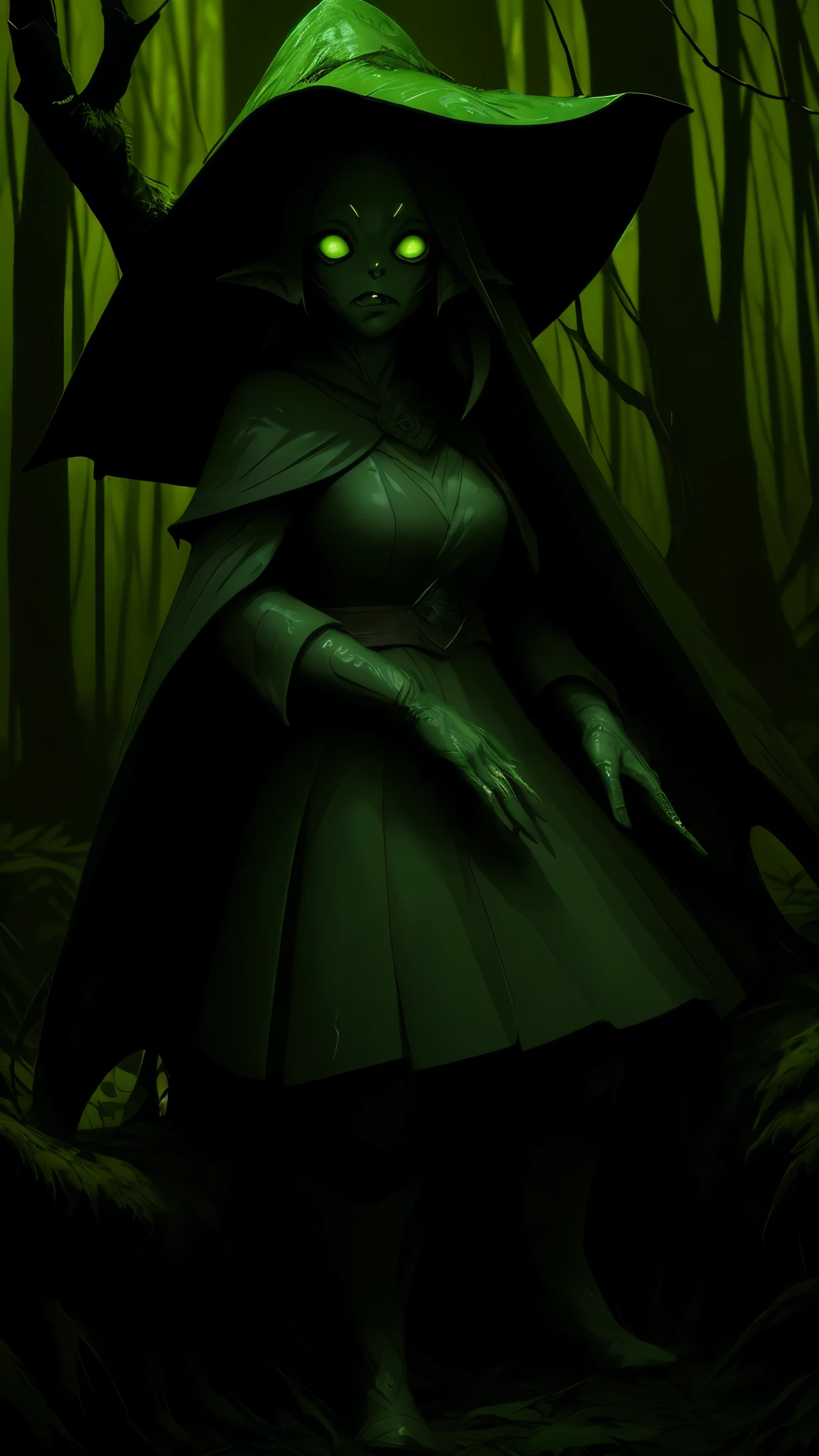 (best quality,highres:1.2),(realistic:1.37),ultra-detailed,a creepy toad,enormous in size,brightly colored,stalks through an ancient forest,tentacle tongue,thick and slimy skin,dark,ominous atmosphere,gloomy shadows,misty fog,gnarled trees,twisted branches,moss-covered rocks,dappled sunlight,unearthly glow,spooky ambiance,dense undergrowth,crunching leaves underfoot,haunting presence,unsettling silence,distant whispers,Cthulhu-like creature,mythical world,mysterious aura, Sentai Ranger, HDR, 8k, absurdres, cinestill 800, sharp focus, add_detail:3 (solo woman) anime, wideshot, widescreen, focus on subject