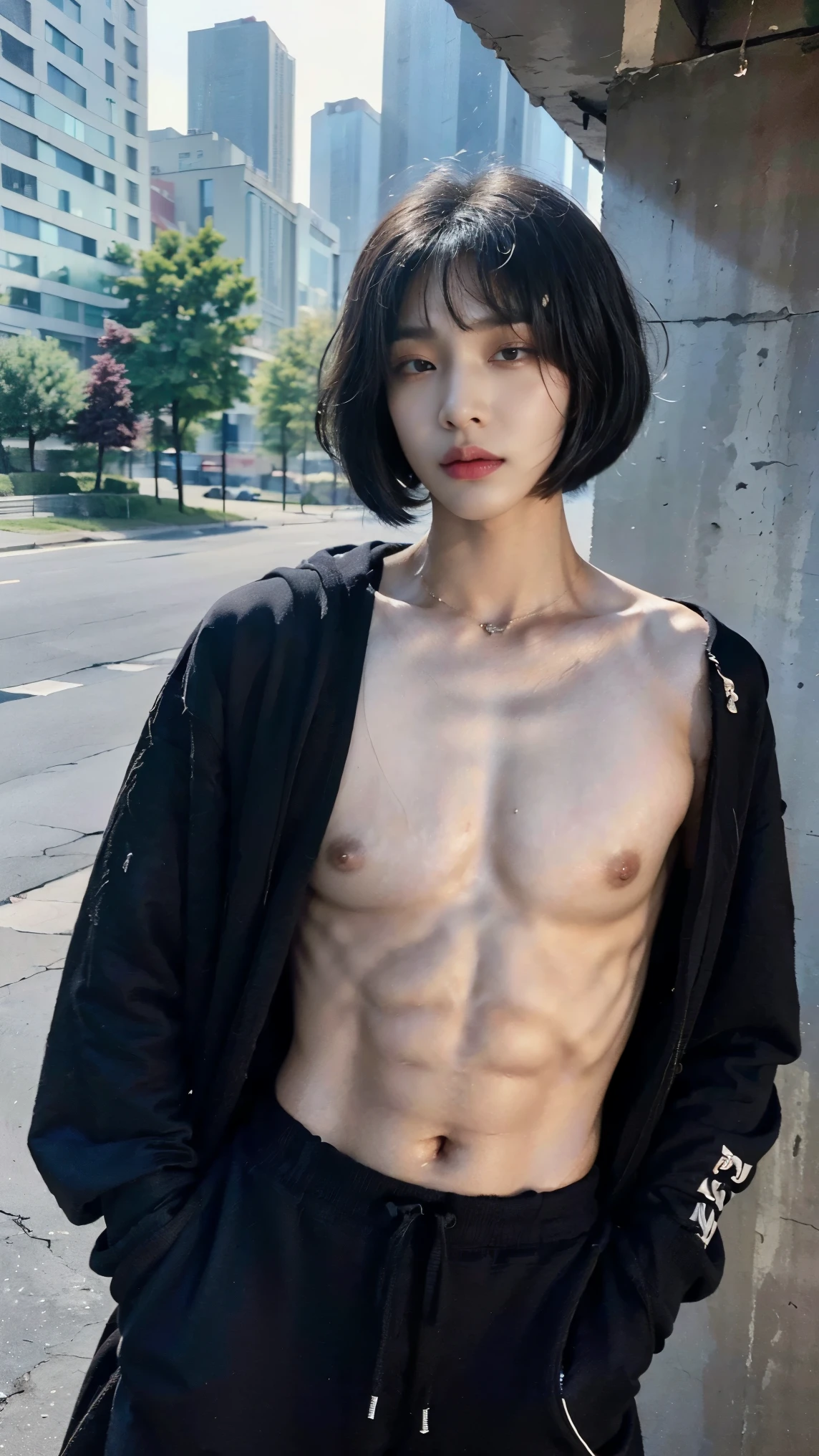 Realistic photos, 8k,Being forced to eat garbage,body is male,A woman with a beautiful face,,(((Bob cut ladyboy,transgender,otokonoko,Male chest,No bulge in the chest))),((Full body view,Flat Chest,Very muscular,Body fat percentage10％,Muscles like athletes,Macho,massive)),(((Homeless,beggar,Pale face,It is dirty,Bad smell,dirty,odor,Homeless,Depraved,Handsome young Korean ladyboy with bob cut))),(((Very big eyes,Angry face,looking at the camera,Frowning))),Chest is male,(Ultra-realistic), (High resolution), (8k), (Very detailed), (Best Illustration), (Beautiful fine details), (highest quality), (Super detailed), (masterpiece), (Detailed face), ,alone,Black hair bob cut,(((A girl with makeup on her face,The body is a perfect man))), Wearing a dirty black hoodie,Transgender,Korean,kpop,完璧な筋肉質なMale chest