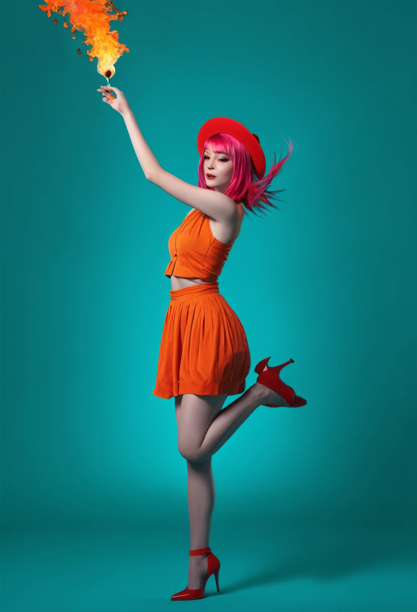 ((masterpiece,highest quality)),(Negative Space:1.4),(One girl, alone:1.4),Beautiful fine details,Floating pink hair, Red Hat, fireball, Cast a fire spell, Orange and red fractal background, When you look to the side, Turquoise eyes, whole body, Jumping