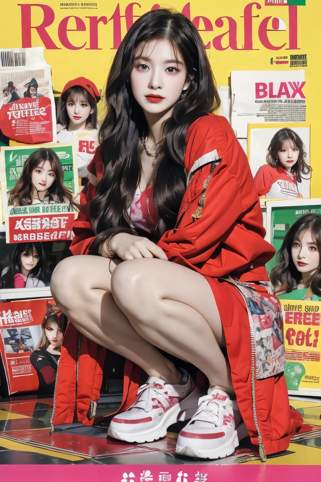 best quality, works of masters, high resolution, 1 girl, What a beautiful face., really beautiful eyes, really beautiful hair,trendy clothing magazine cover,Sexy and AttrActive,Color Explosion,black hair,full body slang,squat