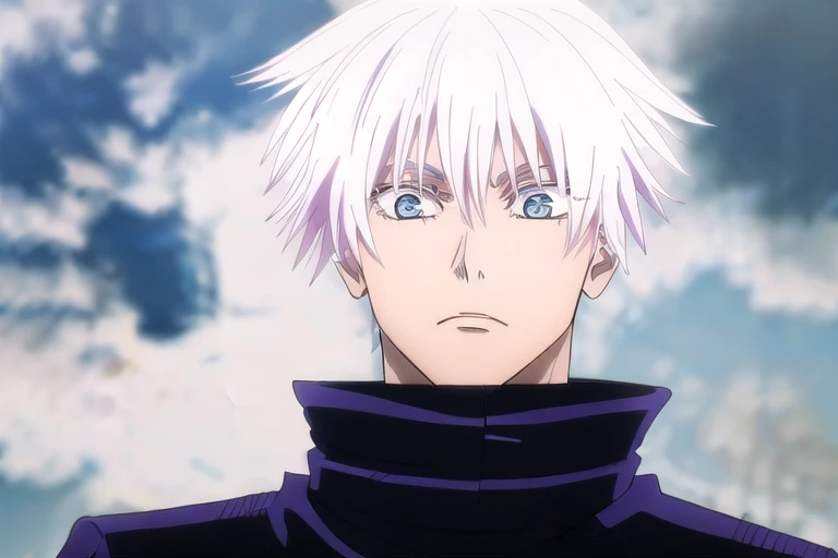 Gojou_Satoru, olhos azuis brilhante, sangue escorrendo nos olhos, looking at the sky, uma aura roxa em volta de seu corpo, pisando no inimigo
