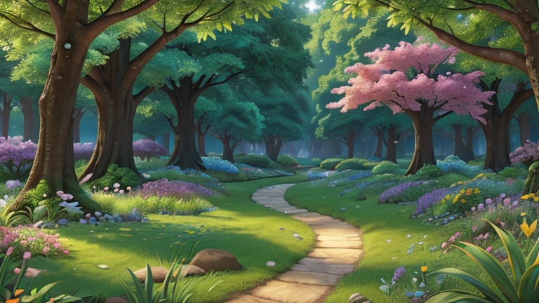 Visualize a winding path snaking its way through a mystical forest filled with tall trees, colorful flowers, and babbling brooks. Towering trees line the path, their branches reaching towards the sky like outstretched arms. Their lush foliage forms a verdant canopy overhead, filtering the sunlight into dappled patterns on the forest floor. Alongside the path, vibrant flowers bloom in a riot of colors, adding splashes of red, blue, yellow, and purple to the landscape. Butterflies flit from flower to flower, while bees buzz lazily among the blossoms. Babbling brooks meander through the forest, their crystal-clear waters gurgling over smooth stones and around moss-covered banks. Fish dart beneath the surface, their scales shimmering in the sunlight. As the path winds its way deeper into the forest, it leads adventurers on a journey of discovery, inviting them to explore the wonders that lie hidden within its leafy embrace.