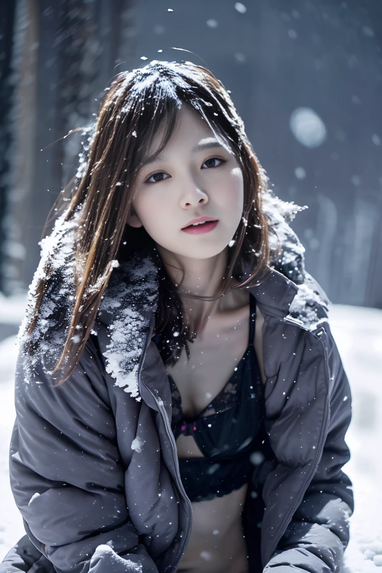 (masterpiece:1.2)、Super detailed、Ultra-high resolution、(Real、Real as in the photo:1.37)、High-resolution RAW color photos、Professional photos、Highly detailed face、Very fine grain、Highly detailed skin、Very fine fingers、Highly detailed nose、Highly detailed mouth、Perfect Anatomy、Highly detailed background、(Small to medium chest)、Brown Hair、White skin、25 year old beautiful girl、whole body、(Open-front puffer coat、Down jacket:1.2)、See-through sexy lingerie、Dark city view、(Snow in the sky:1.6)、City Background、Perm shorthair、Cinematic lighting、