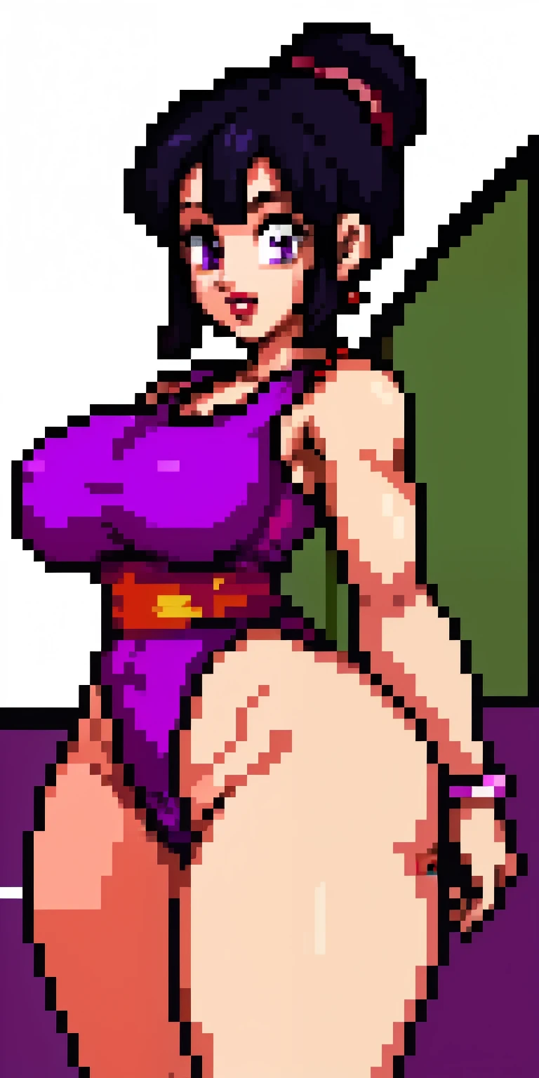 chichi_dbz, nsfw, pixelart, pixel art, red bimbo lips, beautiful eyes, inside_her_house_dbz, purple eyes, standing, solo, large_breasts, wearing white_tank_top, black-thong,  naked, masterpiece, best quality, detailed face, detailed eyes, highres, big breasts, biggest_behind, areola_under_dress, big_ass, thick_thighs, wide_hips, black tight_thong, buttcrack_showing_ass, perfect_body, perfect_clothing,