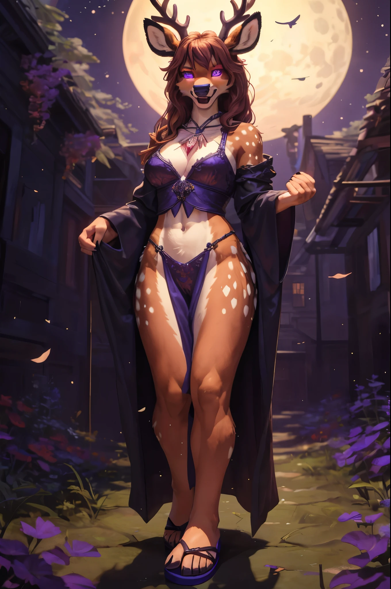 (((Barefoot furry character, full body, cinematic setting, furry female, plantigrade, wears sandals))), ((deeply hypnotised and extremelly drooling deer)) anthro with deep ((purple fur)), (wide open mouth) and glowing ((violet eyes)) in trance. Dressed in flowing, dark robes with belladonna flower motifs. The figure walks barefoot in a moonlit forest surrounded by eerie nightshade plants, with ripe berries and ethereal moonlight casting shadows. The atmosphere evokes mystery and danger. BREAK, detailed background, 8K, (masterpiece:1.5), intricate details, highly detailed, extreme detail, octane render, fine art, best quality, highres, (detailed face:1.5), ((full_body)), UHD, (((perfect hands))), low light, (((SFW))), (((perfect feet)))