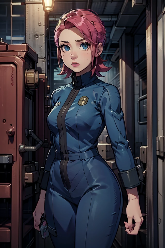 Mayl Sakurai reimagined as a vault dweller, doing maintenance in an underground vault. Her vibrant pink hair stands out against the dimly lit environment. She is a 26-year-old woman dressed in a vault dweller jumpsuit, indicative of her role in the post-apocalyptic world. The jumpsuit is worn but still functional, reflecting the harsh conditions of life underground. Her face is beautifully detailed, with expressive eyes that convey determination and intelligence. Her lips are also well-defined, adding to her overall allure.

In the vault, Mayl Sakurai is seen operating a pipboy, a wrist-worn device that serves as an essential tool and information hub for survival in the vault. The pipboy's screen emits a soft glow, illuminating Mayl's face and casting a subtle green hue on the surroundings. The details on the pipboy, from its buttons to its display, are extremely detailed, showcasing its futuristic design.

The underground vault is filled with mechanical equipment and pipes, emphasizing the importance of maintenance in this post-apocalyptic world. The atmosphere is gritty and industrial, with a hint of mystery and danger. The lighting is dim and has a hint of blue tones, enhancing the underground ambiance.

Despite the grim surroundings, Mayl Sakurai exudes confidence and strength as she jumps into action, ready to fulfill her duties as a vault dweller. Her posture and expression suggest that she is prepared to face any challenge that comes her way.

The image quality should be at its best, with 4K resolution and ultra-detailed rendering, capturing every intricate detail of the scene. The colors should be vivid, emphasizing the contrast between Mayl's vibrant pink hair and the dimly lit environment. The overall style should lean towards a post-apocalyptic concept art aesthetic, blending realism with a touch of fantasy.

In summary, the Stable Diffusion prompt for the provided theme would be:
Mayl Sakurai reimagined as a vault dweller, doing maintenance in an undergr