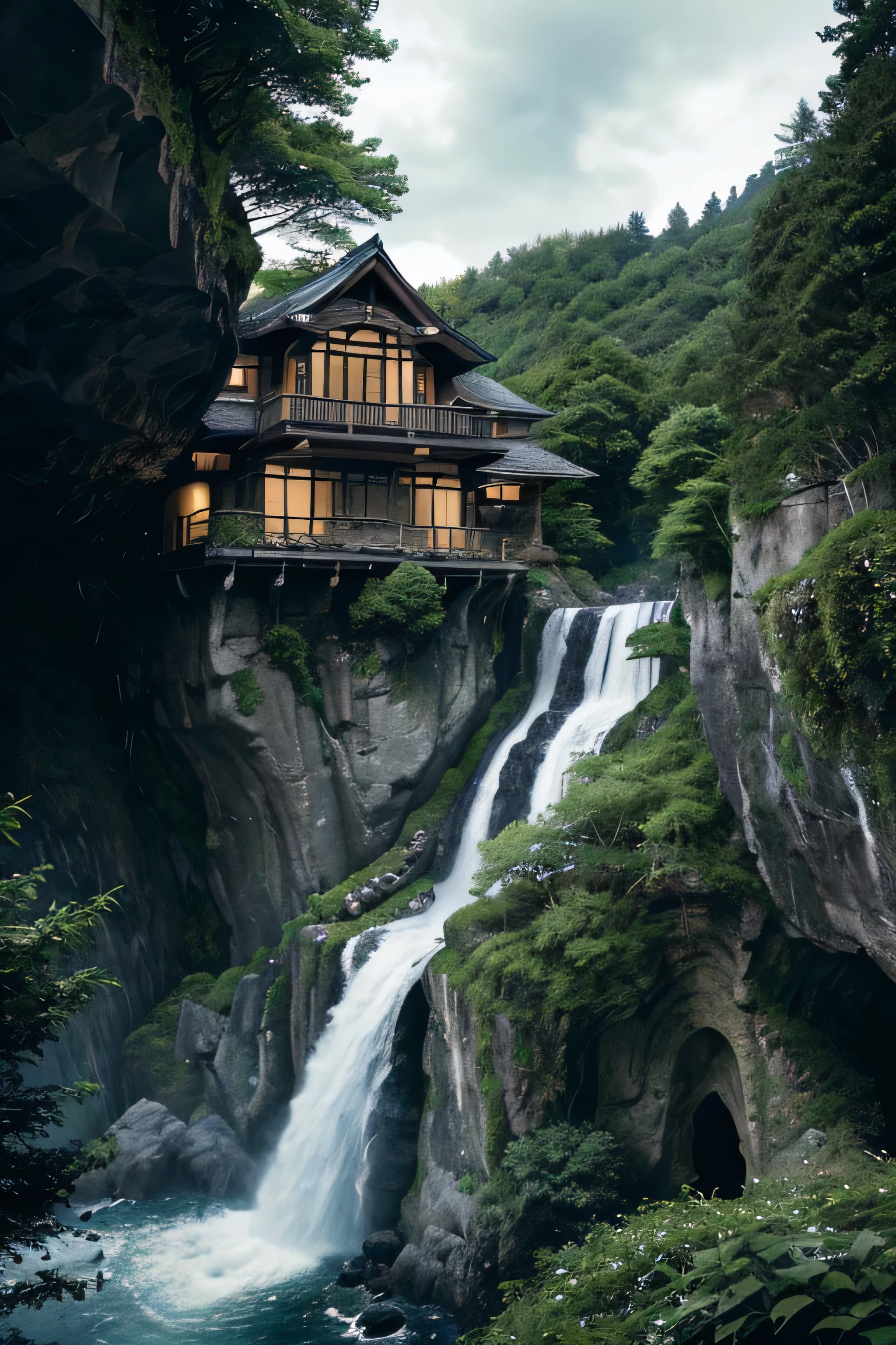 a close up of a waterfall near a house on a cliff, very close to real nature, cliffside, integrated in the mountains, luxurious onsens, mix with rivendell architecture, nature meets architecture, next to a waterfall, epic and stunning, by Johannes Voss, with waterfalls, shining lights on cliff side, waterfall walls, 4 k vertical wallpaper