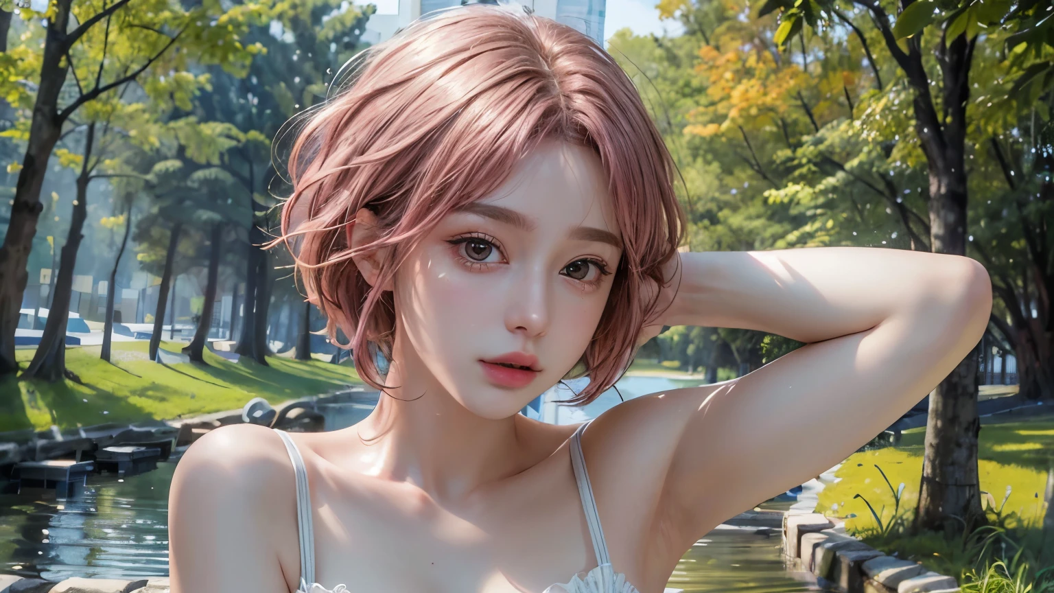 (8k, highest quality, masterpiece: 1.4), Very detailed, highest quality, Ultra-high resolution, Written boundary depth,(Realistic:1.4,RAW shooting,)Ultra-Realistic Capture,(Very detailed,High definition 16K), cute, girl, short hair, Pink Hair, camera