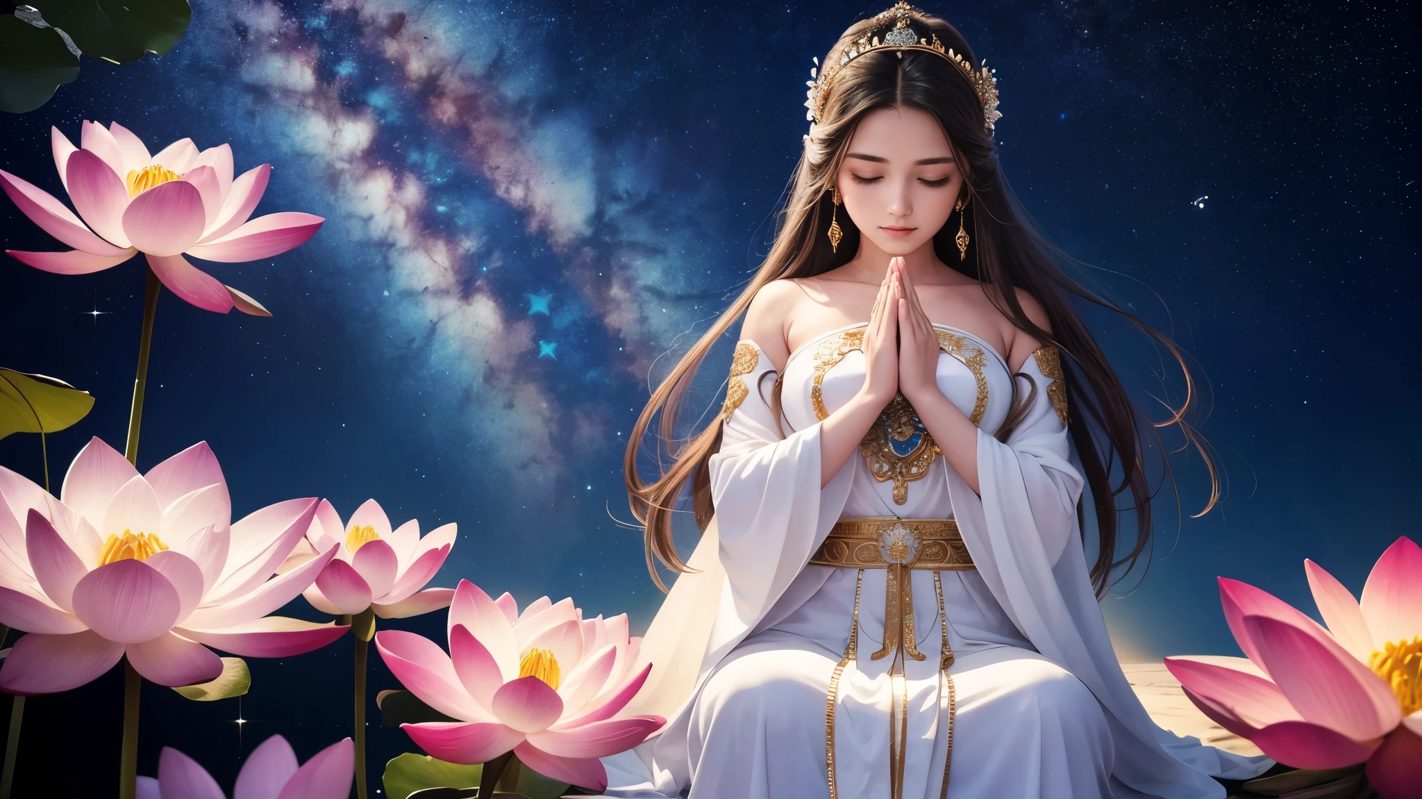 HighestQuali,tmasterpiece:1.2,Detailed details,The beautiful young goddess gently closed her eyes,gently smiling. She folded her hands together in prayer meditation. She wore a white dress,The stars sparkle in the blue night sky, You sit on a lotus flower,In a fantastic atmosphere,You feel as if you are one with the universe. High definition, 8K