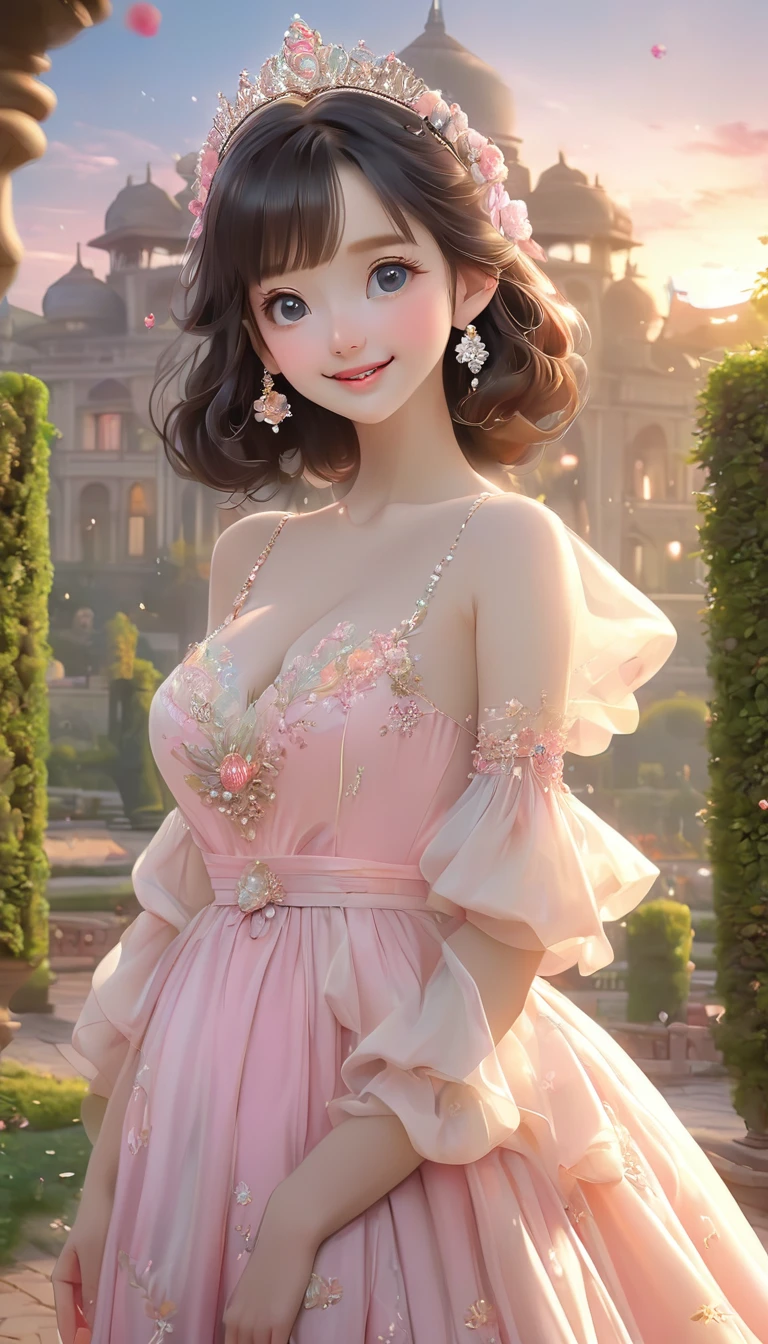 (Masterpiece, Top Quality: 1.4), (High Resolution: 1.4), (Complex and Beautiful: 1.2), (Beautiful and Aesthetic: 1.2), (Super Detailed: 1.2), (Photographic: 1.2), Raw, 1girl, , Cute Princess, , kawaii, (Big Tits: 1.2), Realistic Body, , Fair, Glowing Skin, Lively Expression, slender body, dark hair, random hairstyle (bangs:1.2), smiling, cute, childish face, realistic face, beautifully detailed eyes, droopy eyes, taking full body shot, beautiful design dress, posing model in front of palace, beautiful hair ornament, beautiful accessories, beautiful princess, walking elegantly in garden, facing looking at me, looking at the camera, sunset, beautiful night sky