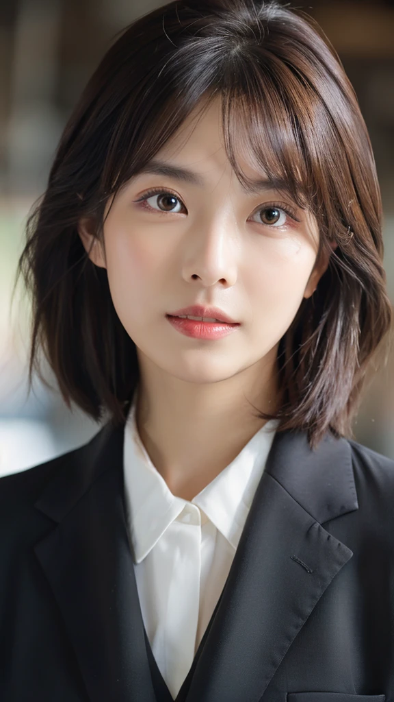 table top, highest quality, realistic, Super detailed, finely, High resolution, 8k wallpaper, cinematic lighting、1 person、beautiful japanese woman、30 years old、light brown straight bob hair, wearing a business suit, (blurred background、station platform、noon、sun light)、sharp focus, perfect dynamic composition, narrow eyes:1.5, detailed and beautiful eyes, fine hair, Detailed and realistic skin texture, ((Sweat, blush, open your mouth:1.3)), (head tilt), close-up portrait, model body shape
