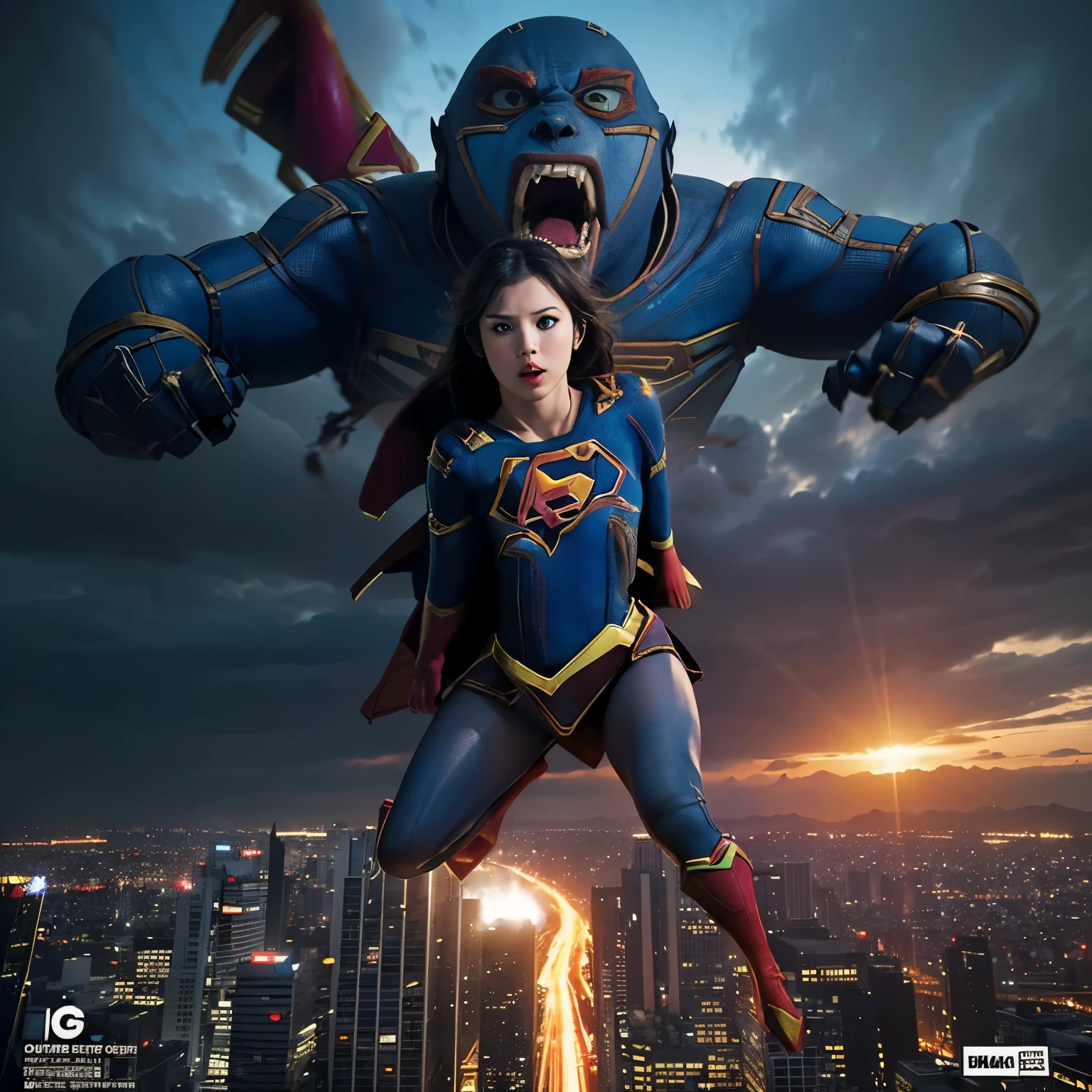 A giant monster appears in a major Japanese city、A giant monster far larger than a group of gigantic buildings、Crush buildings as you walk、(Watch a giant monster destroy a city from an aerial perspective:)、(Supergirl flies into the sky:)、(Supergirl on top of the giant monster:1.９)、、