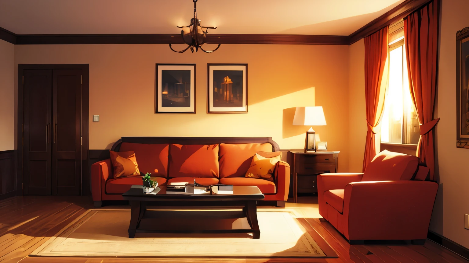 background,Small reception room,Brown sofa,orange illumination