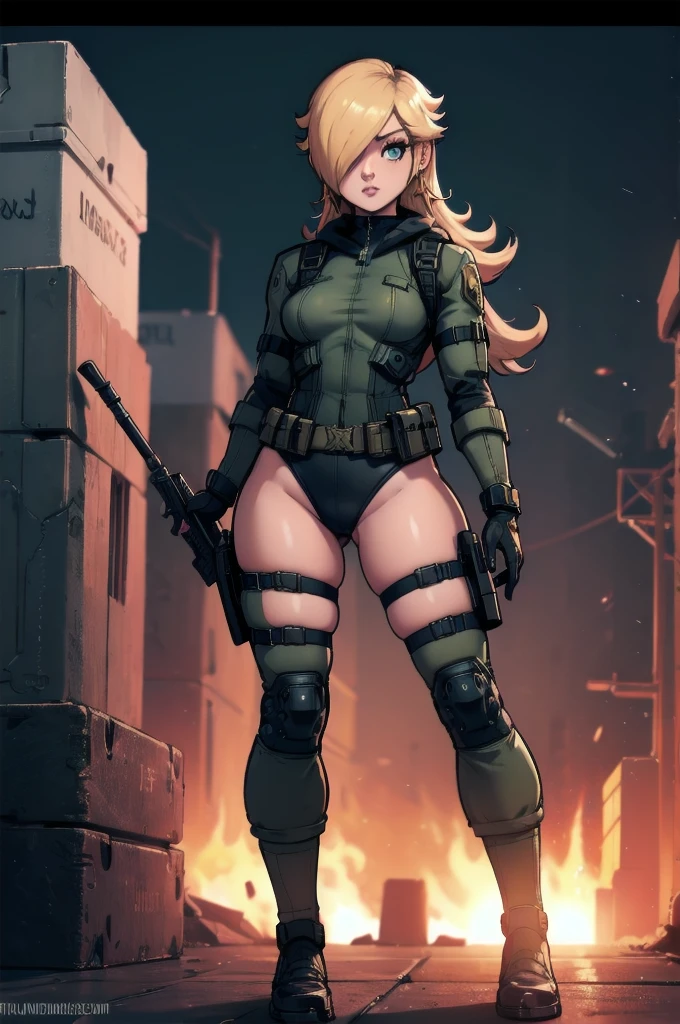 rosalina reimagined as a female solide snake frome metal gear solid, full body, action pose, on infiltration scene, tactical gear, military base background, radio tower background, science fiction background, futuristque background ,