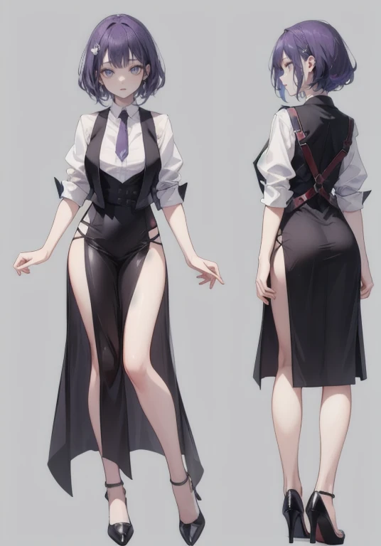 ((Perfect Face)),Purple Hair,Shortcuts,Adult female,bartender,((Harness)),Black vest,((Shirt with rolled up sleeves)),tie,((slit)),High heels,,((Simple Background)),smile,((whole body)),((full body)),Character portrait,upright,,Both arms are lowered,upright,