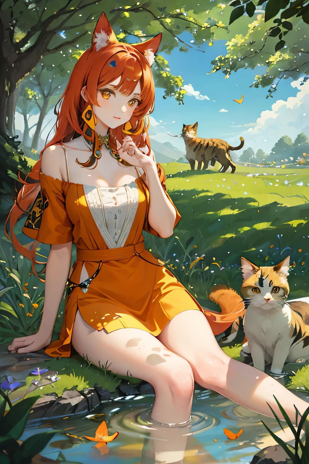 A beautiful calico cat with vivid orange and black fur, casually lounging on the lush, green grassland. Surrounding the cat are two colorful butterflies, their wings adorned with intricate patterns of red, blue, and yellow, dancing gracefully in the afternoon sunlight. Above them, a clear blue sky is speckled with fluffy white clouds, casting gentle shadows over the scene. In the background, a sparkling stream gently curves through the flower-filled meadow, reflecting the vibrant colors of the surroundings. The art style should evoke a natural and serene atmosphere with soft, advanced rendering and clean lines. 16:9 aspect ratio.