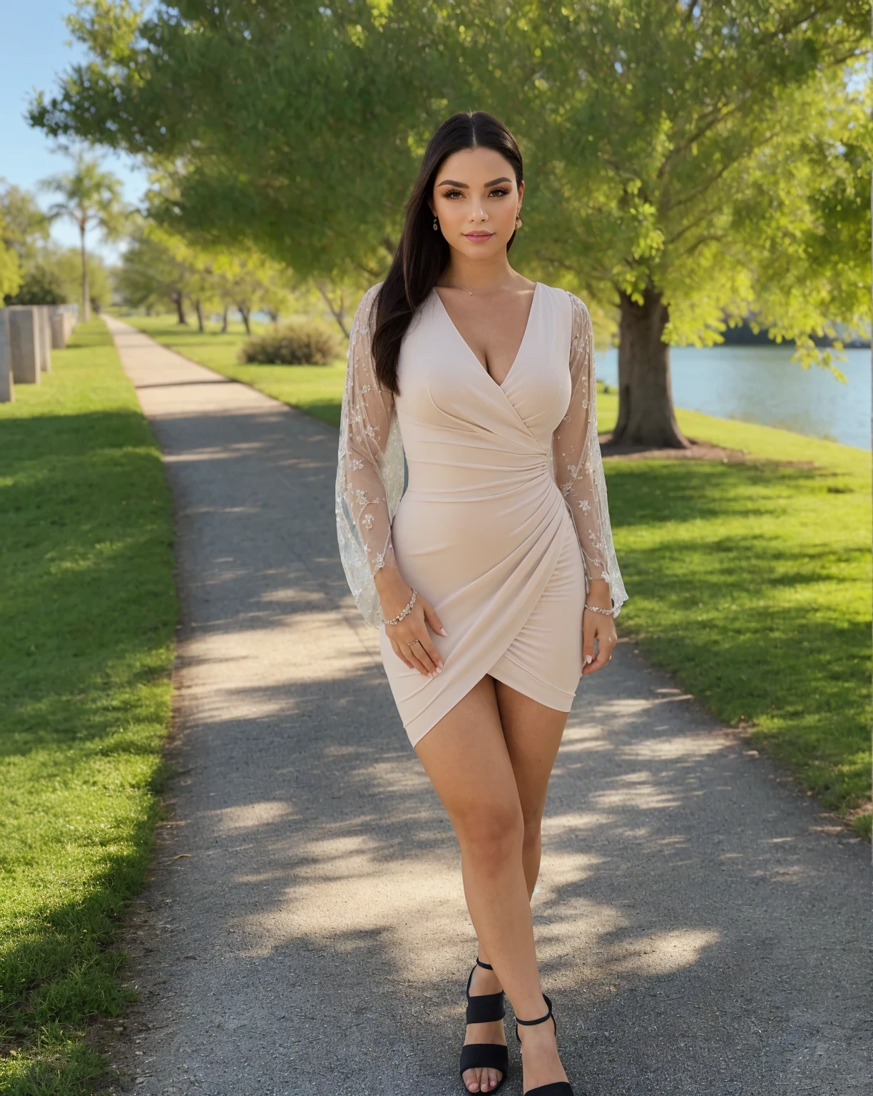 Mujer arafed vestida caminando por un sendero en un parque, luciendo un impresionante vestido color marfil, vestido elegante revelador, Vestido apretado, minivestido corto, toma de cuerpo entero, Full body photo session, vestido corto, vestido sexy, usando un vestido elegante, vista completa, full body session, vestido escotado, retrato de cuerpo entero, modeling session, por Marshall Arisman