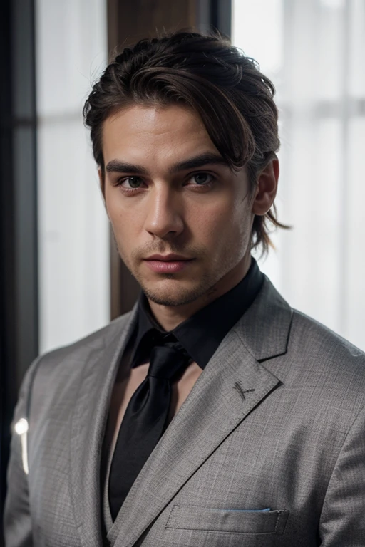 beau blond, Square-chinned, expression homme, yeux noir, riche vêtements très classe, fort, puissant, imposant, charismatique, regard profond, intimidant, presentable, Very short hair, barbe, homme d'affaire, realisticvision, cheveux de couleur blanche, 