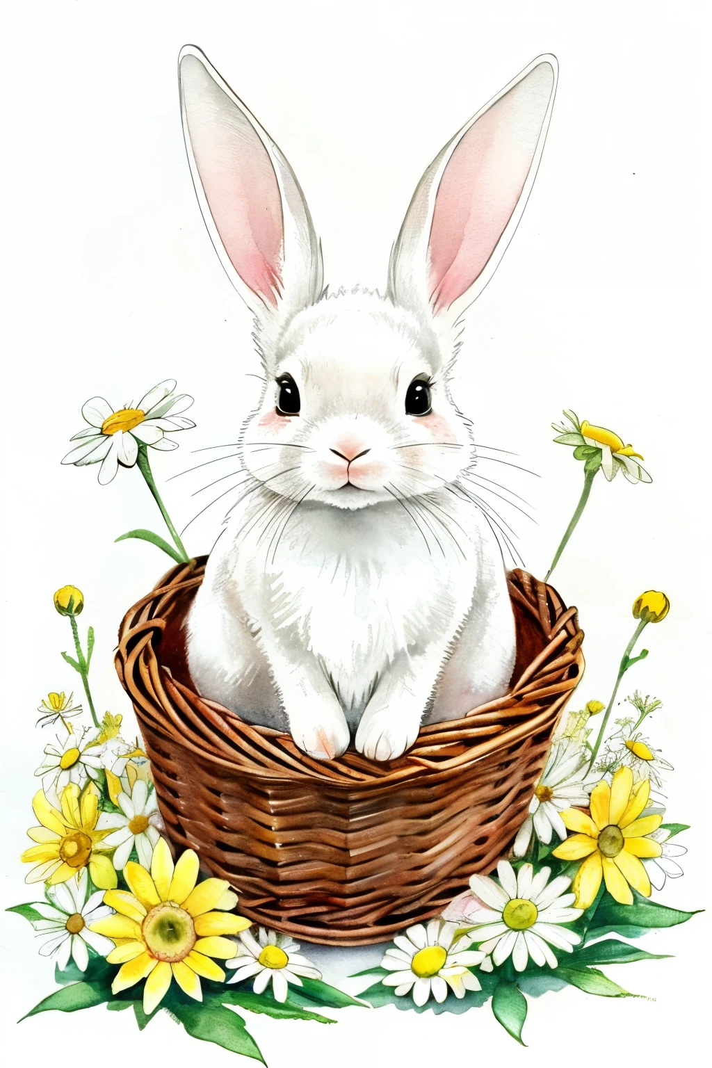 Rabbit in a basket Cute lemon and daisy Plain background Watercolor