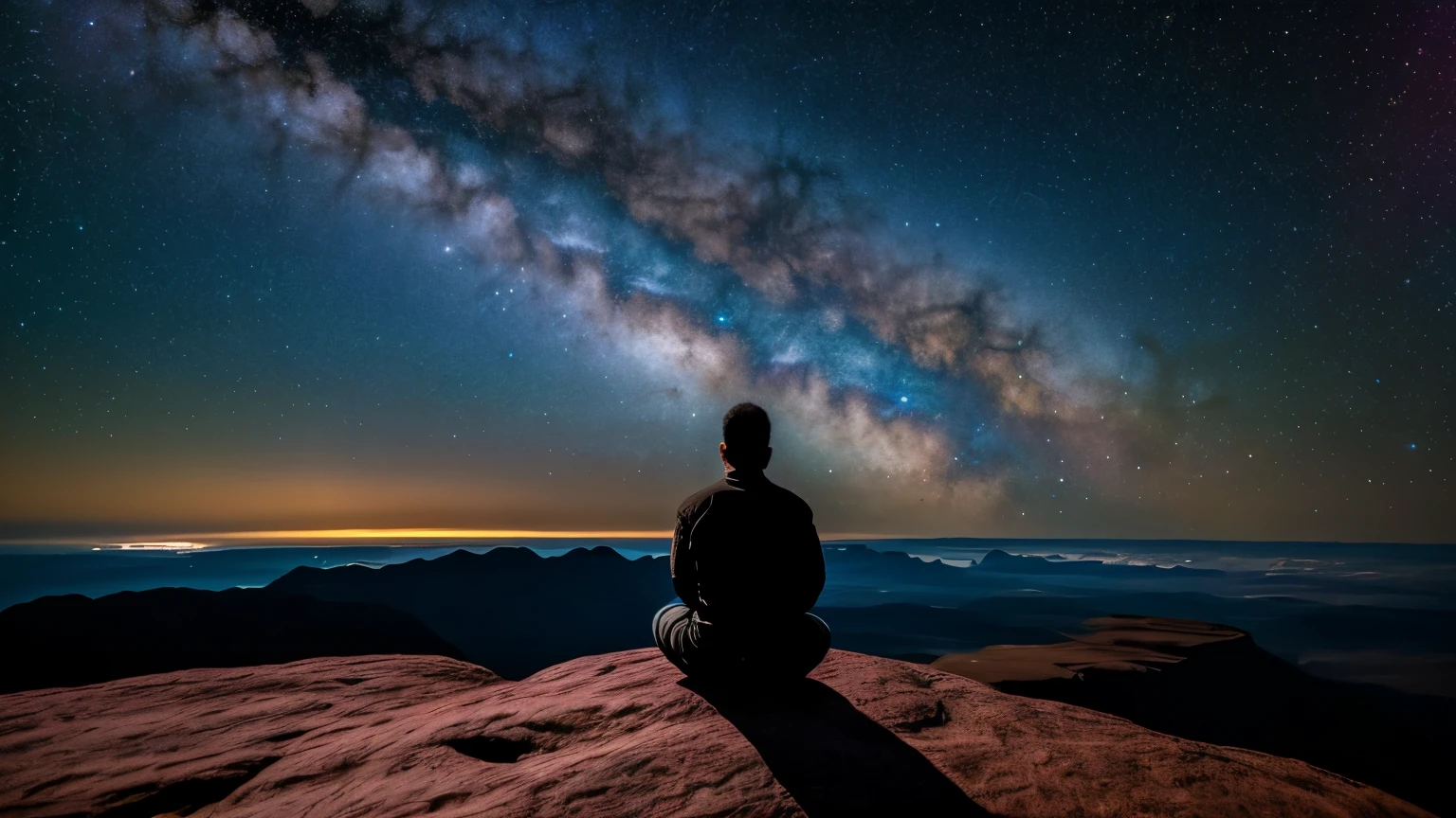 Cosmic Thought: Visualize a scene depicting a person sitting cross-legged on a floating rock in the vast expanse of space, surrounded by nebulae and distant stars. The person's head is transparent, revealing a swirling galaxy inside, symbolizing their thoughts. The background should be a deep, rich cosmos with sparkling stars and colorful nebulae, all captured in high detail with a bokeh effect to emphasize the depth of space.