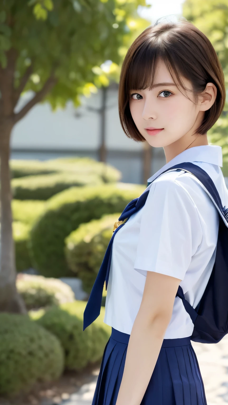 (masterpiece:1.3), (8k, Photorealistic, RAW Photos, Best image quality: 1.4), Japanese, (1 girl), Beautiful Face, (A vivid face), Beautiful hairstyle, Realistic eyes, Beautiful Eyes, (Realistic Skin),(short hair:1.3) ,Beautiful Skin, charm, 超A high resolution, Surreal, (Big Breasts)、Attention to detail, Detail Makeup,Seeing the viewer,、School classroom、Shaved pubic hair、((Full body portrait)),(Japanese short sleeve school sailor uniform).Navy blue mini skirt、Ruck sack