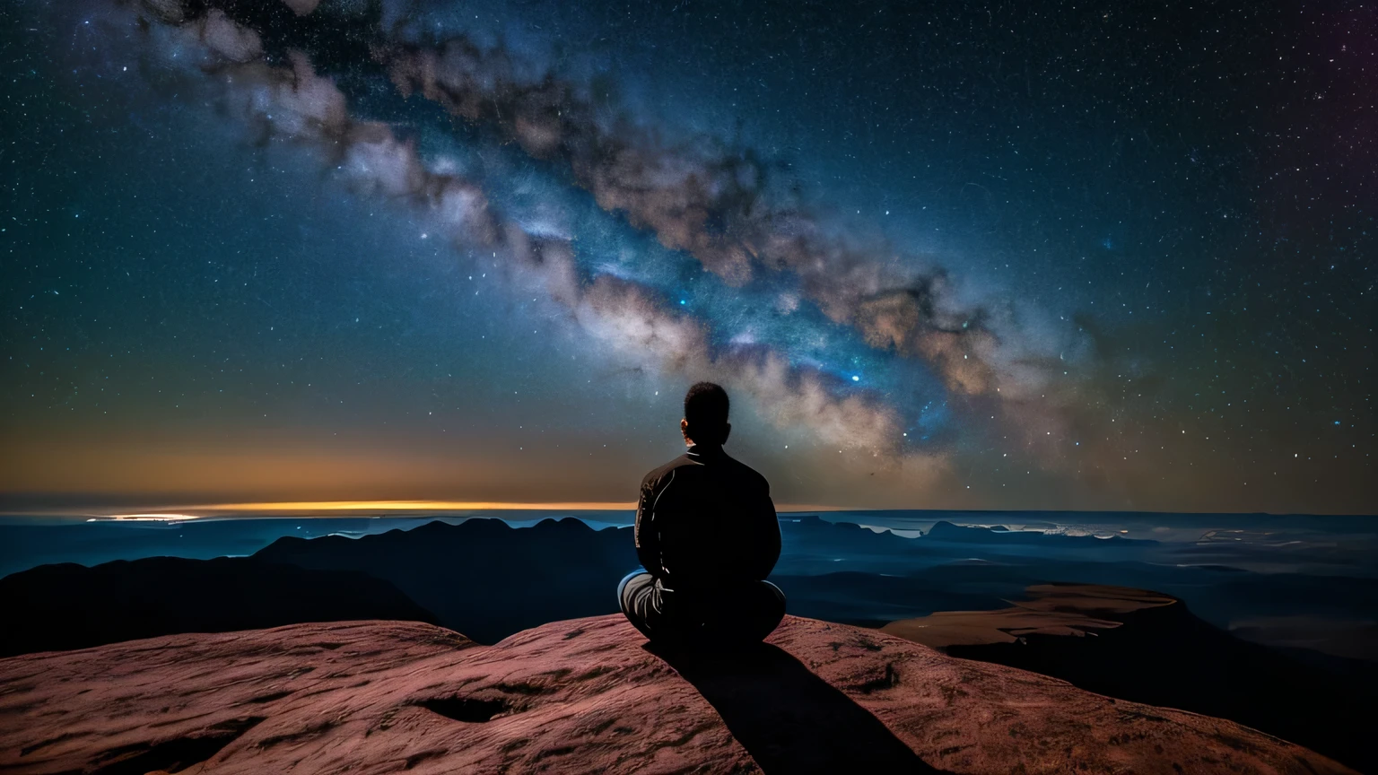 Cosmic Thought: Visualize a scene depicting a person sitting cross-legged on a floating rock in the vast expanse of space, surrounded by nebulae and distant stars. The person's head is transparent, revealing a swirling galaxy inside, symbolizing their thoughts. The background should be a deep, rich cosmos with sparkling stars and colorful nebulae, all captured in high detail with a bokeh effect to emphasize the depth of space.

































