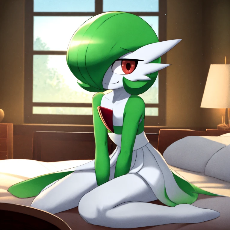 best quality, Gardevoir, pokemon, 1girl, solo, short height, red eyes, green hair, small smile, small mouth, wink, slim, cute, slender body, skinny legs, looking at viewer, blurry background, indoors, in house, full body, slim, ((masterpiece)), best quality, 4k, cinematic lighting, ray tracing, reflected light, panorama, flat chest, high detailed illustration, high detailed background, hi-res, white gardevoir dress, green top, bare legs, bare feet, sitting on bed, legs together