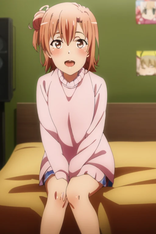 ((highest quality)), ((masterpiece)), (be familiar with), Perfect Face, indoor, Bedroom, Watching the audience,
One woman, Yuigahama Yui,
Open Mouth, Ecstatic expression, blush, smile,
Small breasts, Flat Chest, Young Girl, , , Girl,
Short Hair, Salmon-colored hair, Salmon-colored eyes, Side Pony,
Leg spread,