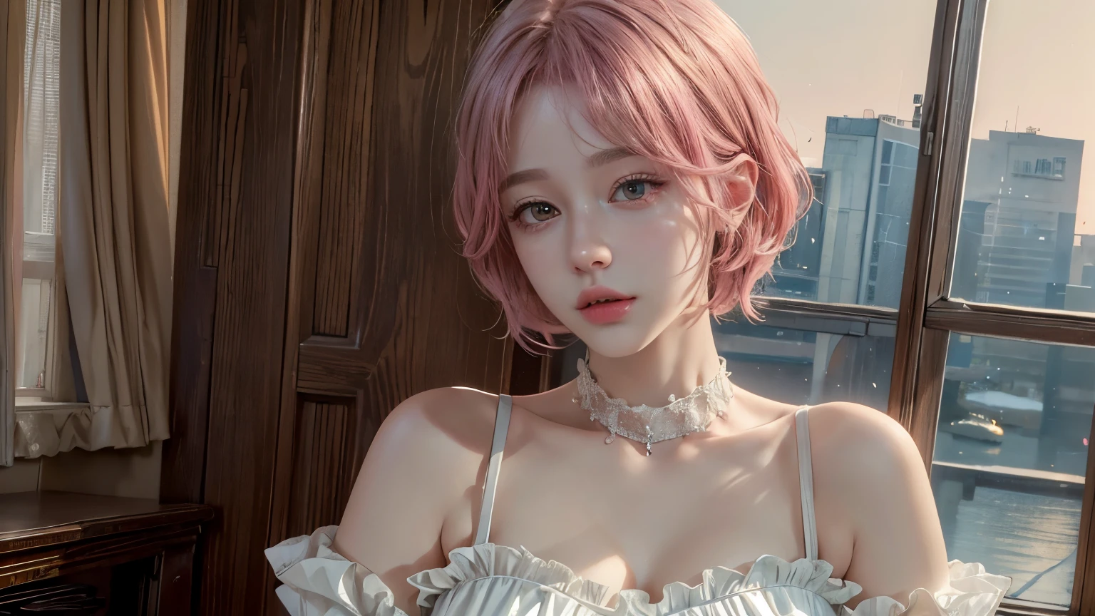 (8k, highest quality, masterpiece: 1.4), Very detailed, highest quality, Ultra-high resolution, Written boundary depth,(Realistic:1.4,RAW shooting,)Ultra-Realistic Capture,(Very detailed,High definition 16K), cute, girl, short hair, Pink Hair, camera