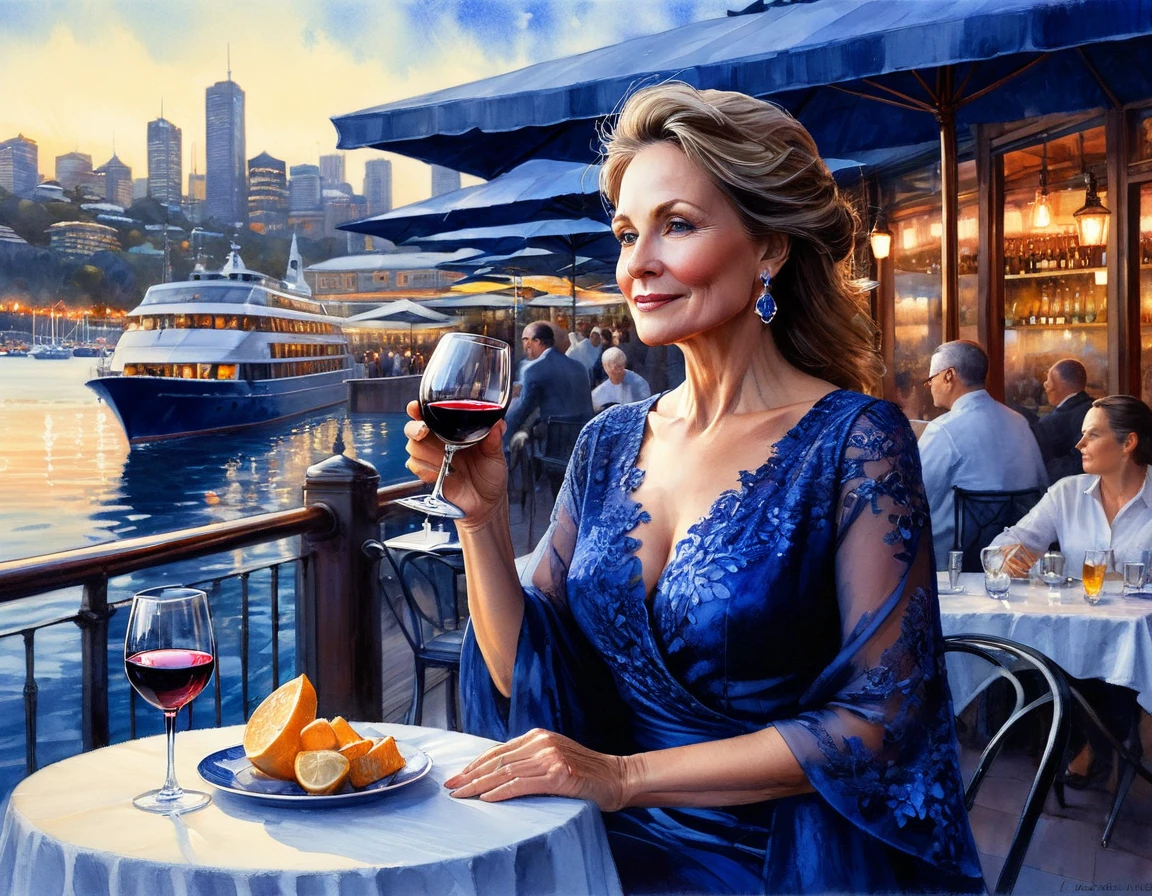 Watercolor painting by Eric Wallis of a poised, 50-year-old woman in an elegant ensemble, savoring wine at an alfresco Sydney cafe by the harbor, enveloped in the captivating indigo hues of twilight, a homage to Philippe Vignal's aesthetic, trending on Artstation, sharp focus, studio photo quality, intricate details, highly detailed, ,potential grand prize contender at 35awards, 