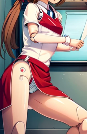 A Female robot is sleeping in the book, spread legs, nude, banzai pose. she wears no dress. She Brown short hair is tied with two big red clothespins, She lifts up the under hem of her white plain dress, leaning over, masterpiece, very short pigtails,brown hair, mature, android, blue eyes, full body figure, Height: 160cm, flushed cheeks, 2020s anime picture, A beautiful robot with short brown hair in two short pigtails held up by two very large huge red clothespins, Uplifting, No NSFW, whole body, barefoot, archaic smile, getting orgasm, 25 years old, sweat bucket.