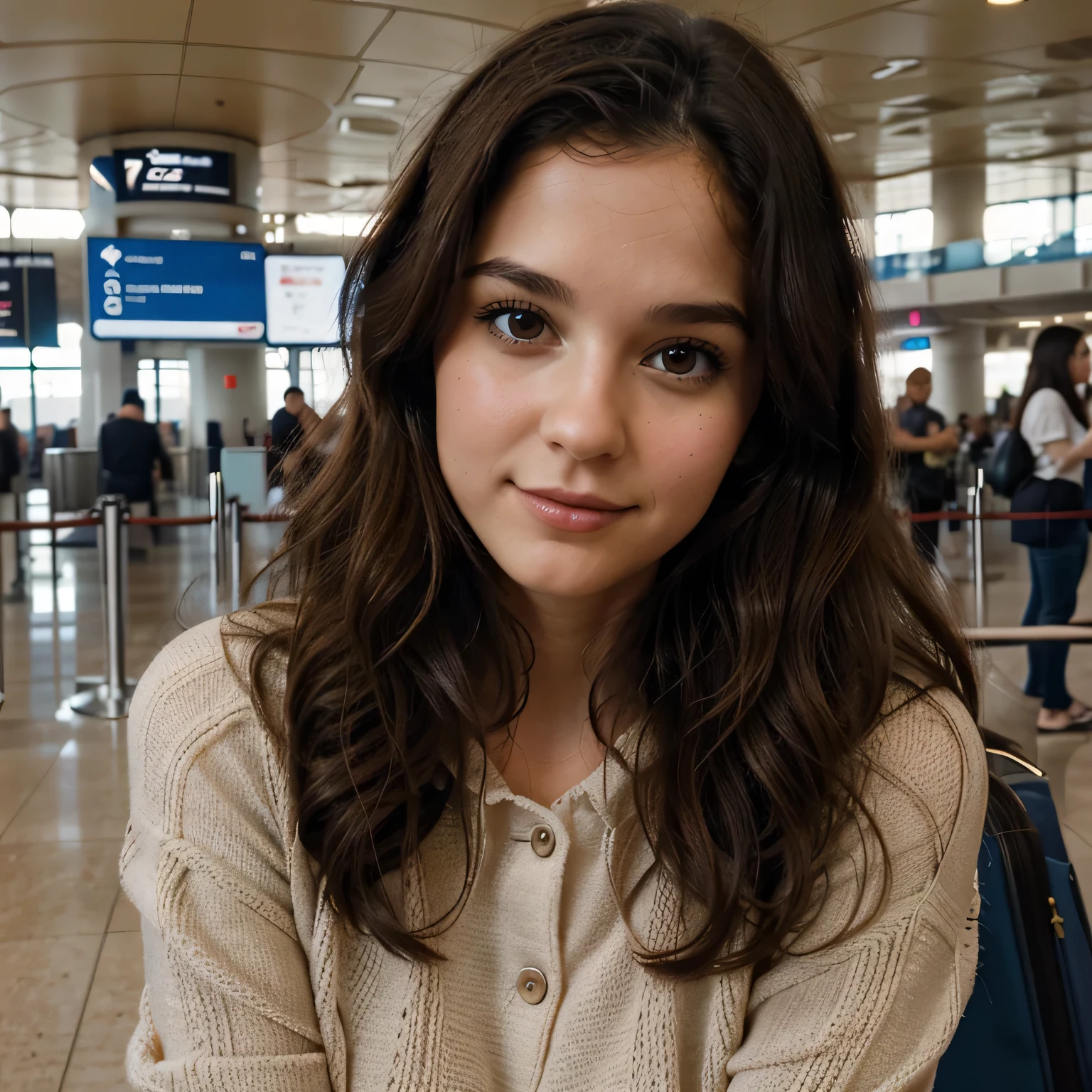 Titre picassem des dégustations Disney .une jeune femme de 30 ans,long, curly dark brown hair ,vieux petits castanho escuro ,visage oval ,nez pointu, in an airport, valise a la main .site:creator of'images bing.