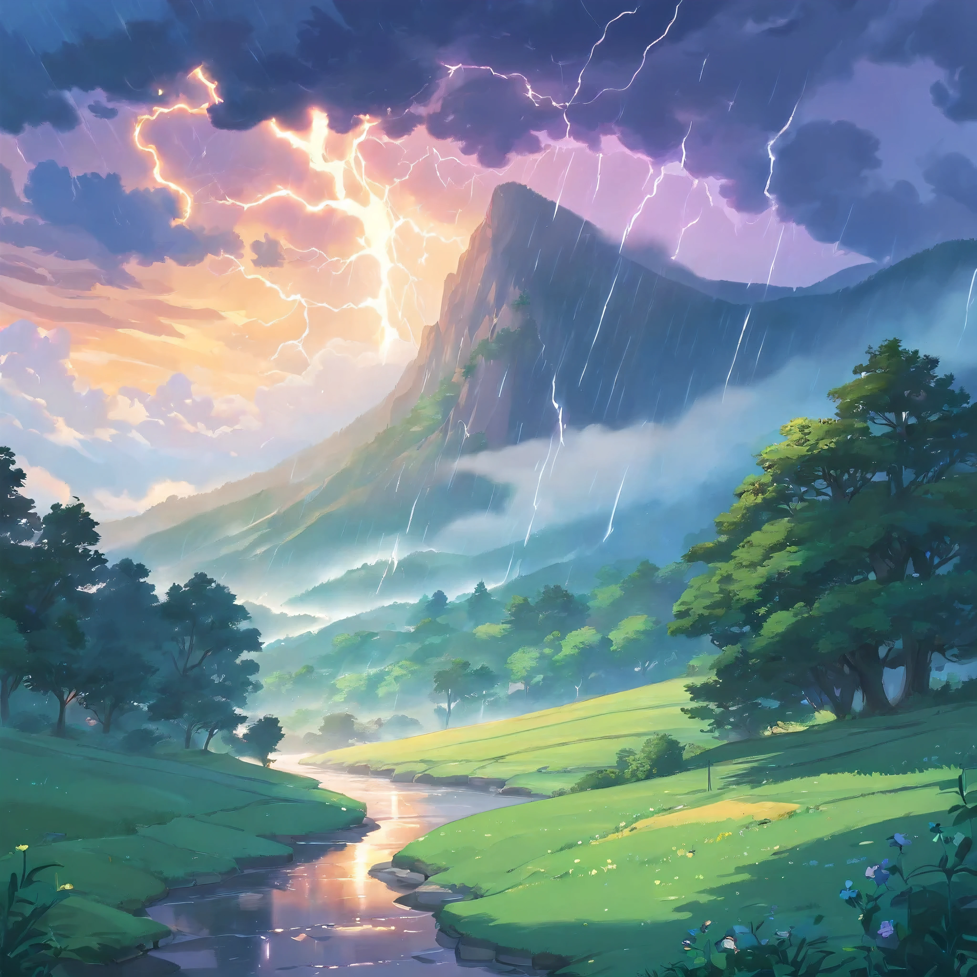 Certainly! Here's the revised prompt with an anime-style twist:

---

**Prompt:**
Create a stunning depiction of an anime-style rainstorm scene set in a vibrant valley. The valley should burst with color, featuring towering trees, cascading waterfalls, and lush greenery. Infuse the scene with a sense of energy and dynamism, capturing the essence of anime in every detail.

**Description of the Valley:**
Set the stage with a description of the valley, drawing inspiration from classic anime landscapes. Picture a valley brimming with life, where every tree sways gently in the breeze and every flower blooms with radiant beauty. The valley should feel like a world unto itself, teeming with magic and wonder.

**Weather Conditions:**
Describe the dramatic weather conditions that precede the rainstorm. Dark clouds should gather ominously overhead, crackling with the promise of thunder and lightning. The air should crackle with electricity, heightening the sense of anticipation and excitement.

**Rainfall:**
Bring the rainstorm to life with vibrant imagery. Picture the raindrops as they fall from the sky like glittering jewels, casting shimmering reflections on the ground below. The rain should be both beautiful and powerful, transforming the landscape with its sheer intensity.

**Mist and Fog:**
Introduce elements of mist and fog to add depth to the scene. Picture wisps of mist swirling around the trees, adding an air of mystery to the valley. The mist should be soft and ethereal, blurring the boundaries between reality and fantasy.

**Lighting:**
Consider the lighting conditions within the valley. The stormy skies should cast everything in a dramatic light, with shafts of sunlight piercing through the clouds in brilliant bursts of color. Lightning should illuminate the scene with dazzling flashes, casting long shadows and highlighting the contours of the terrain.

**Emotional Impact:**
Finally, evoke the emotional impact of the scene with anime-style flair. Capture the sens