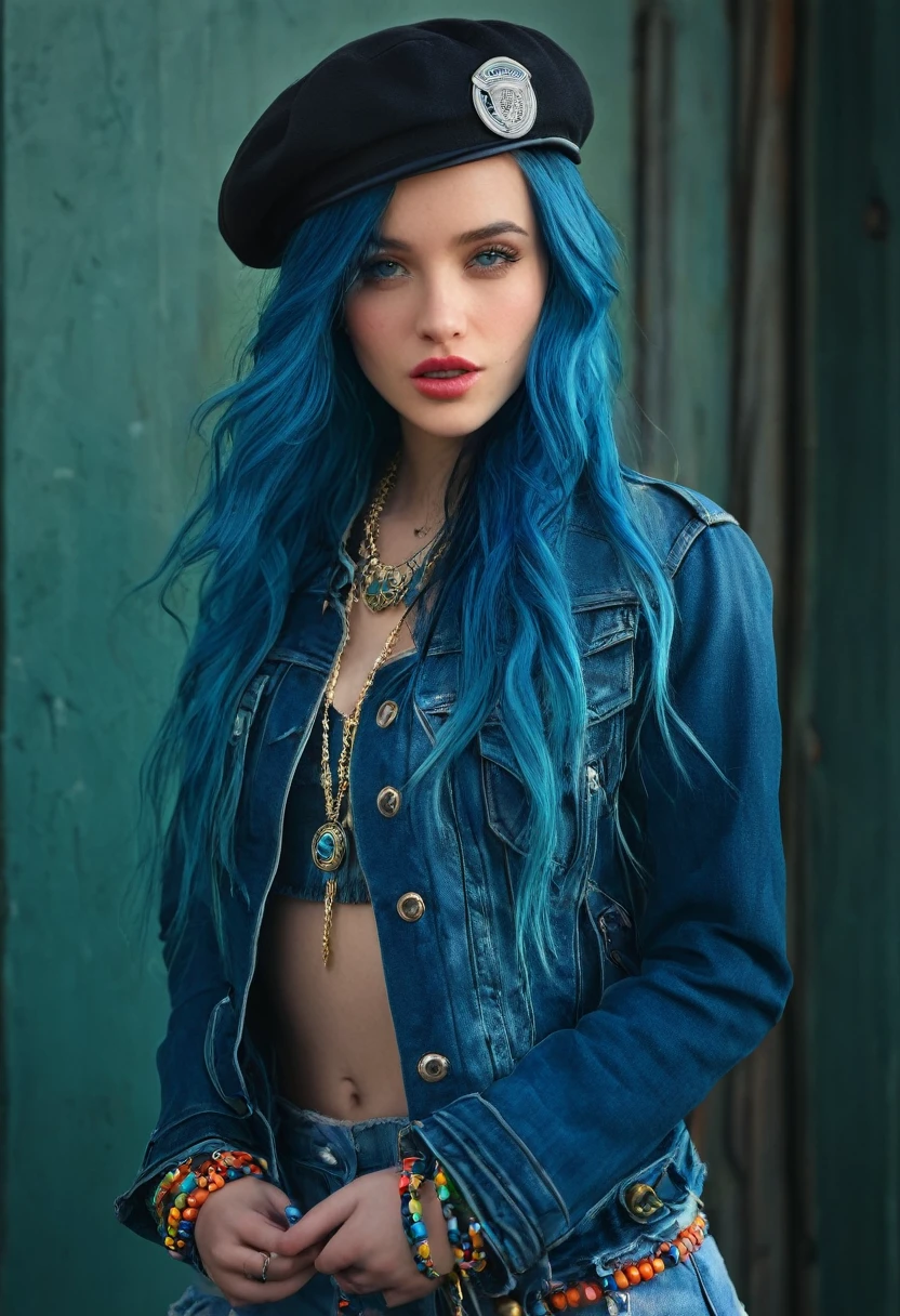 AnadeArmas,Realistic photo of a beautiful woman, 1girl, solo, long hair, hat, jewelry, blue hair, jacket, multicolored hair, necklace, bracelet, lips, realistic, fashion, soft lighting, professional Photography, Photorealistic, detailed, RAW, analog, sharp focus, 8k, HD, DSLR, high quality, Fujifilm XT3, film grain, award winning, masterpiece
