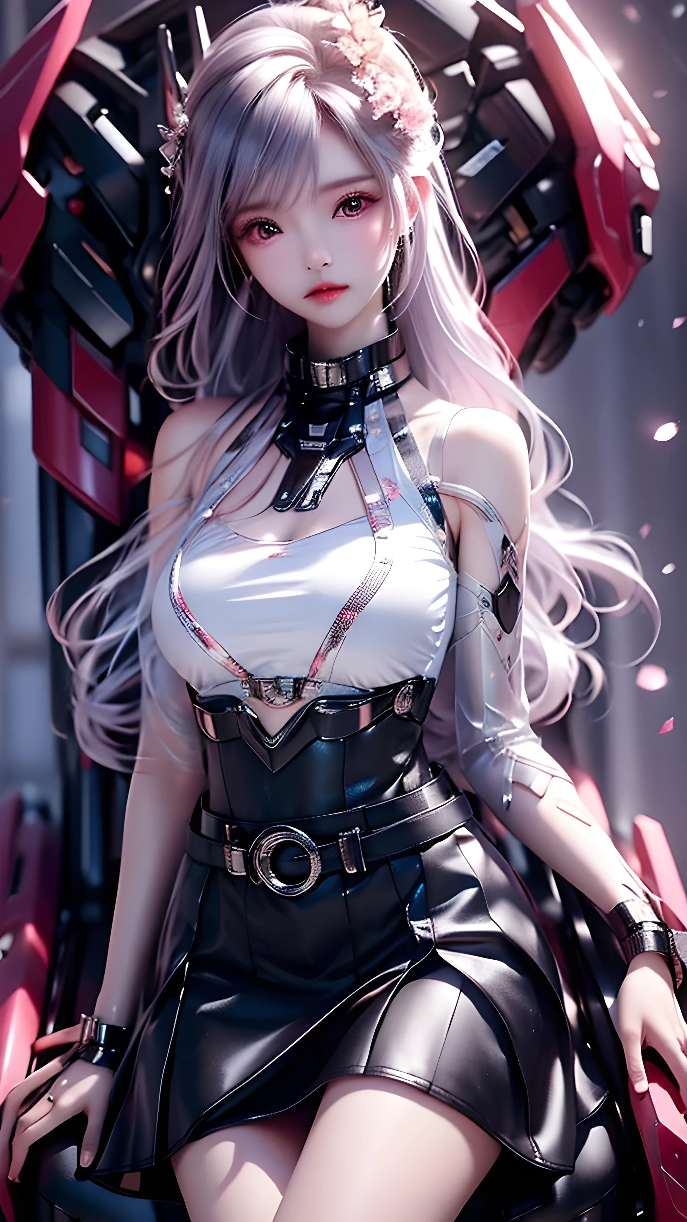 Wearing a black dress sitting on a chair, Korean female fashion model, Transparent grey skirt, Mesh shirt, Chrome clothes, Shiny silver, Fortunately, I look, Large Breasts, best quality, masterpiece, Ultra-high resolution, Practical,
